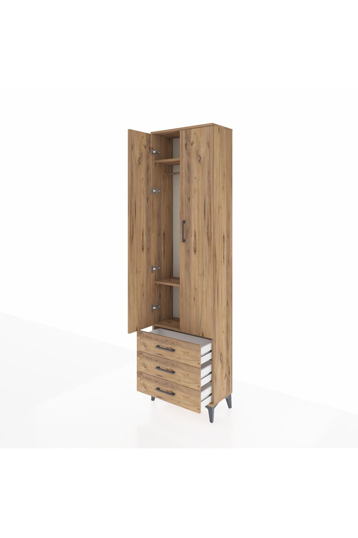 Arges Dolap 3 Raflı 3 Çekmeceli Tek Askılı 60x30x221 Çam-Çam