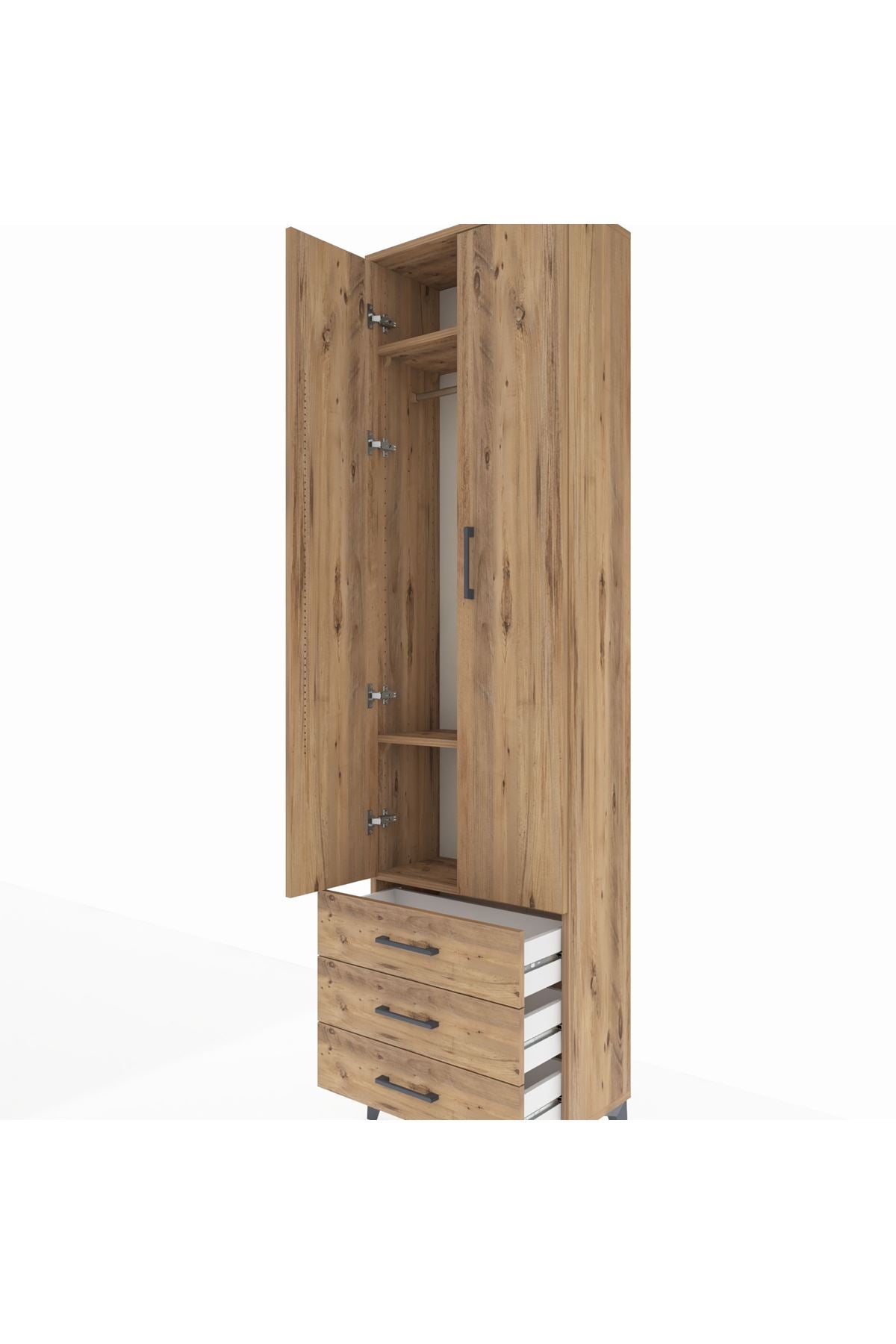 Arges Dolap 3 Raflı 3 Çekmeceli Tek Askılı 60x30x221 Çam-Çam