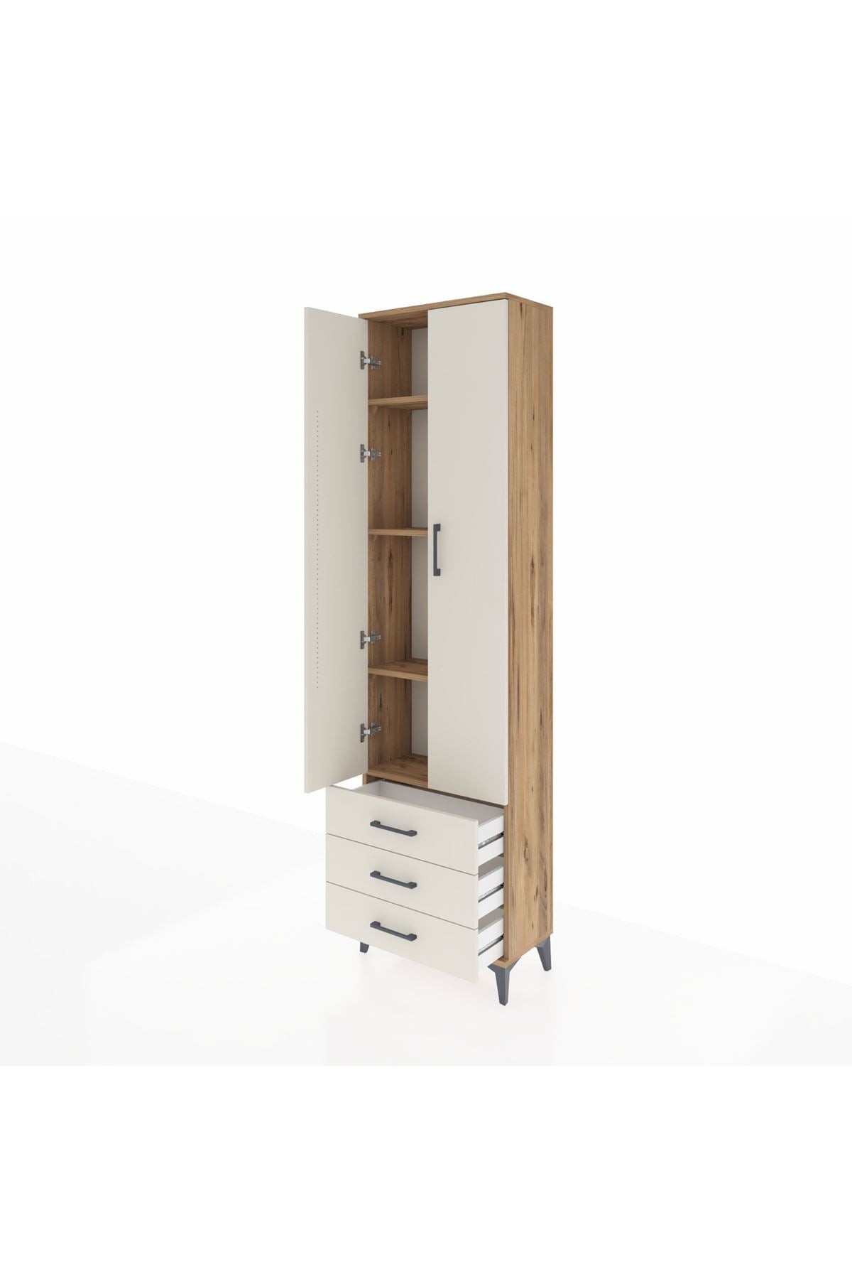 Arges Dolap 4 Raflı 3 Çekmeceli 2 Kapaklı 60x30x221 Çam-Aytaşı