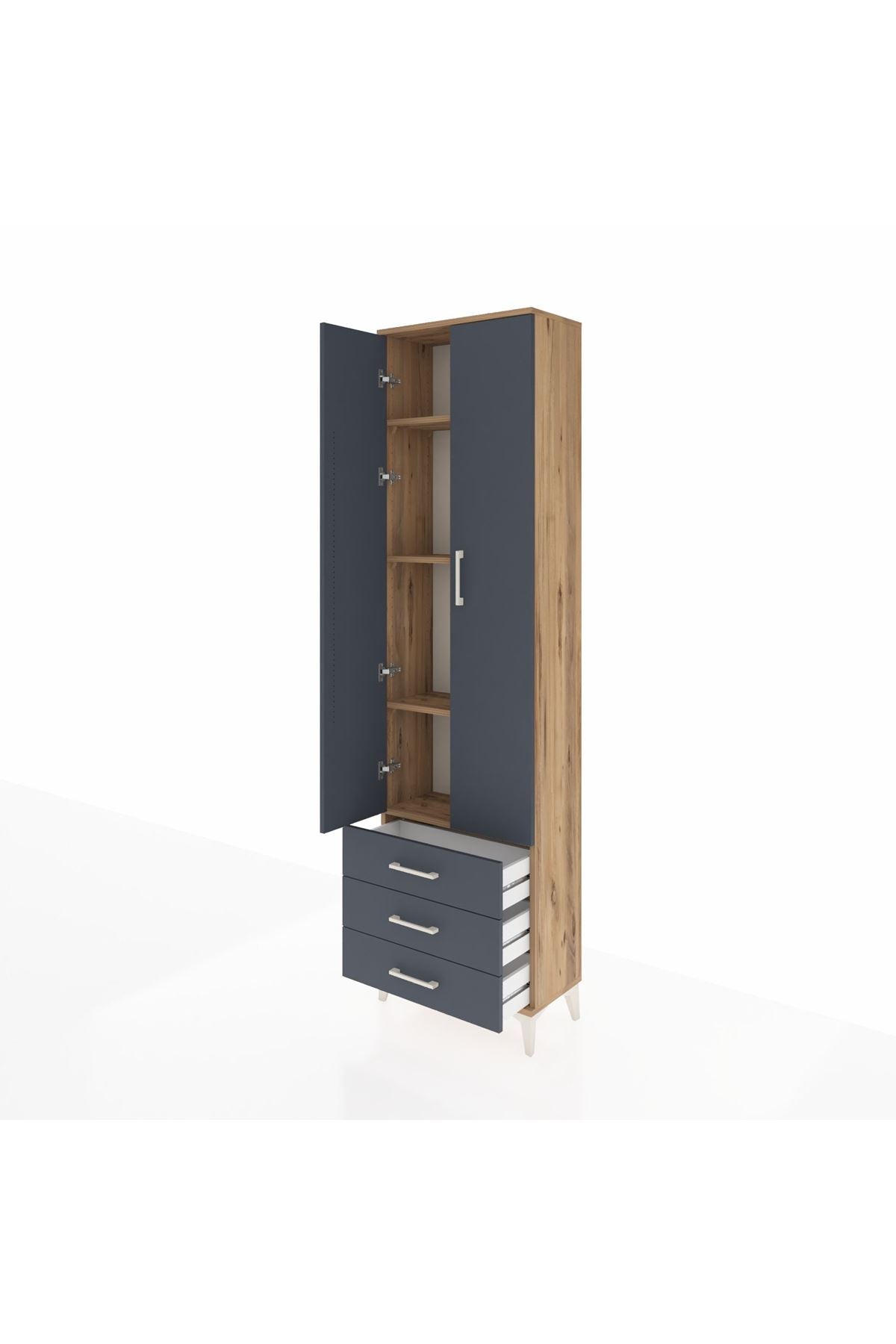 Arges Dolap 4 Raflı 3 Çekmeceli 2 Kapaklı 60x30x221 Çam-Antrasit