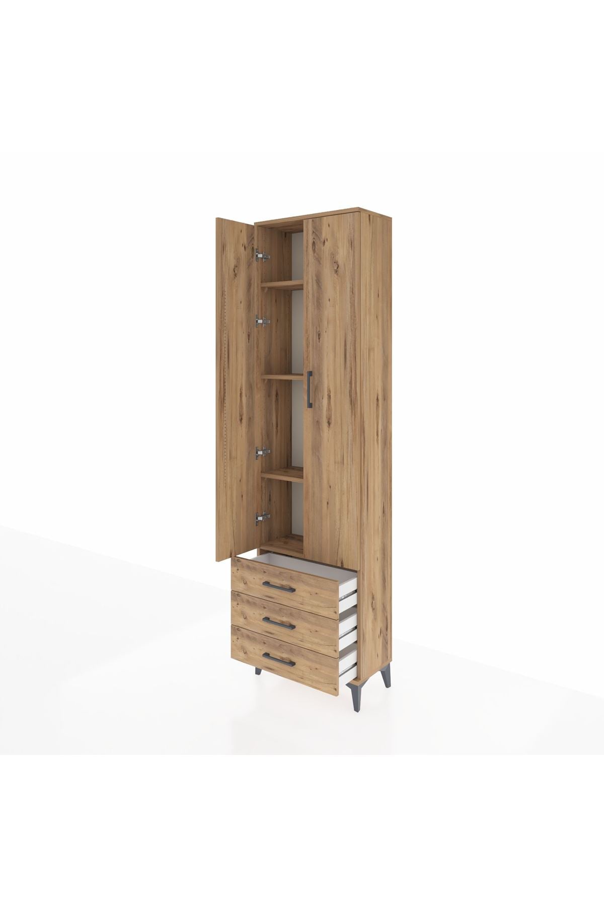 Arges Dolap 4 Raflı 3 Çekmeceli 2 Kapaklı 60x30x221 Çam-Çam