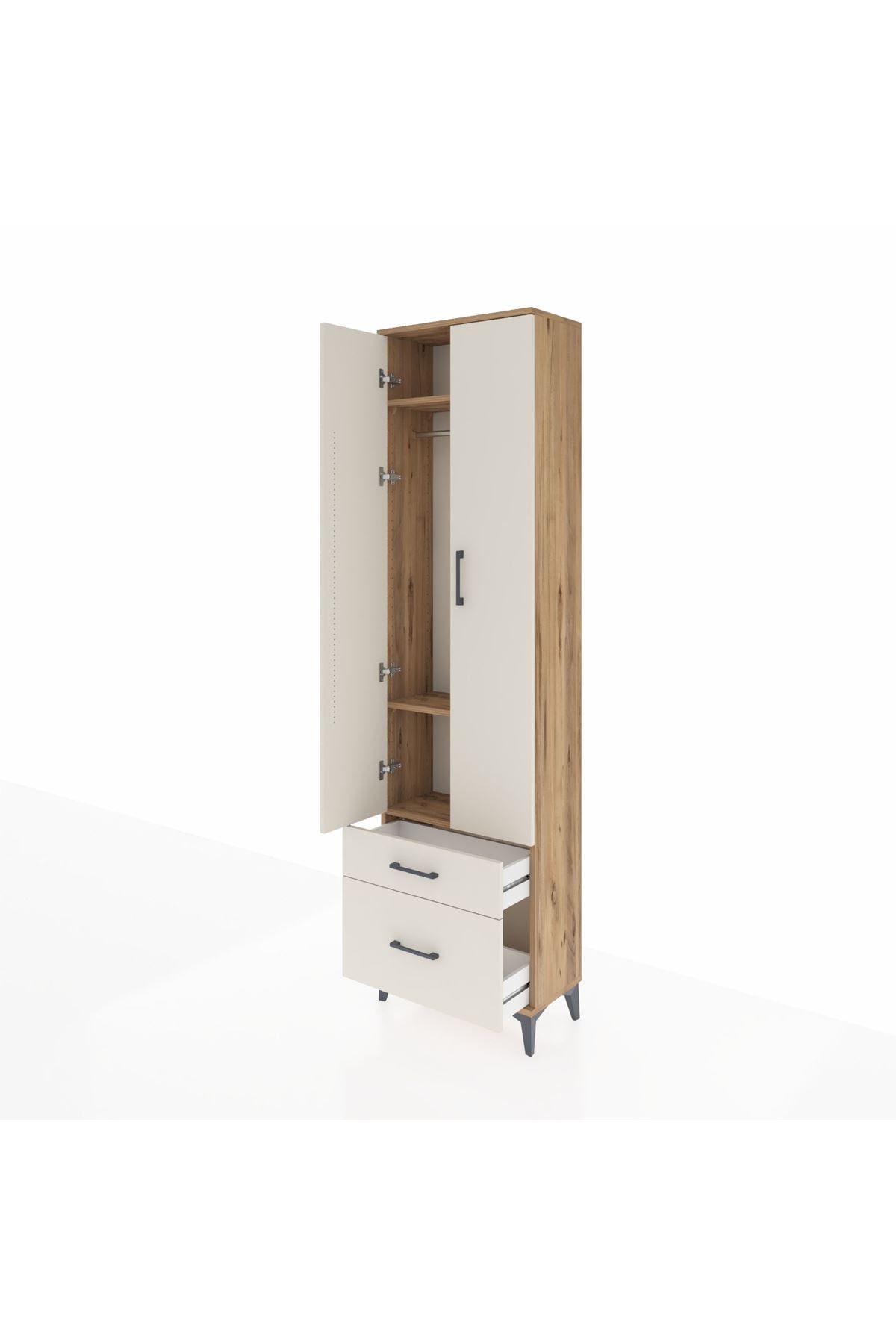 Arges Dolap 3 Raflı 2 Çekmeceli Tek Askılı 60x30x221 Çam-Aytaşı