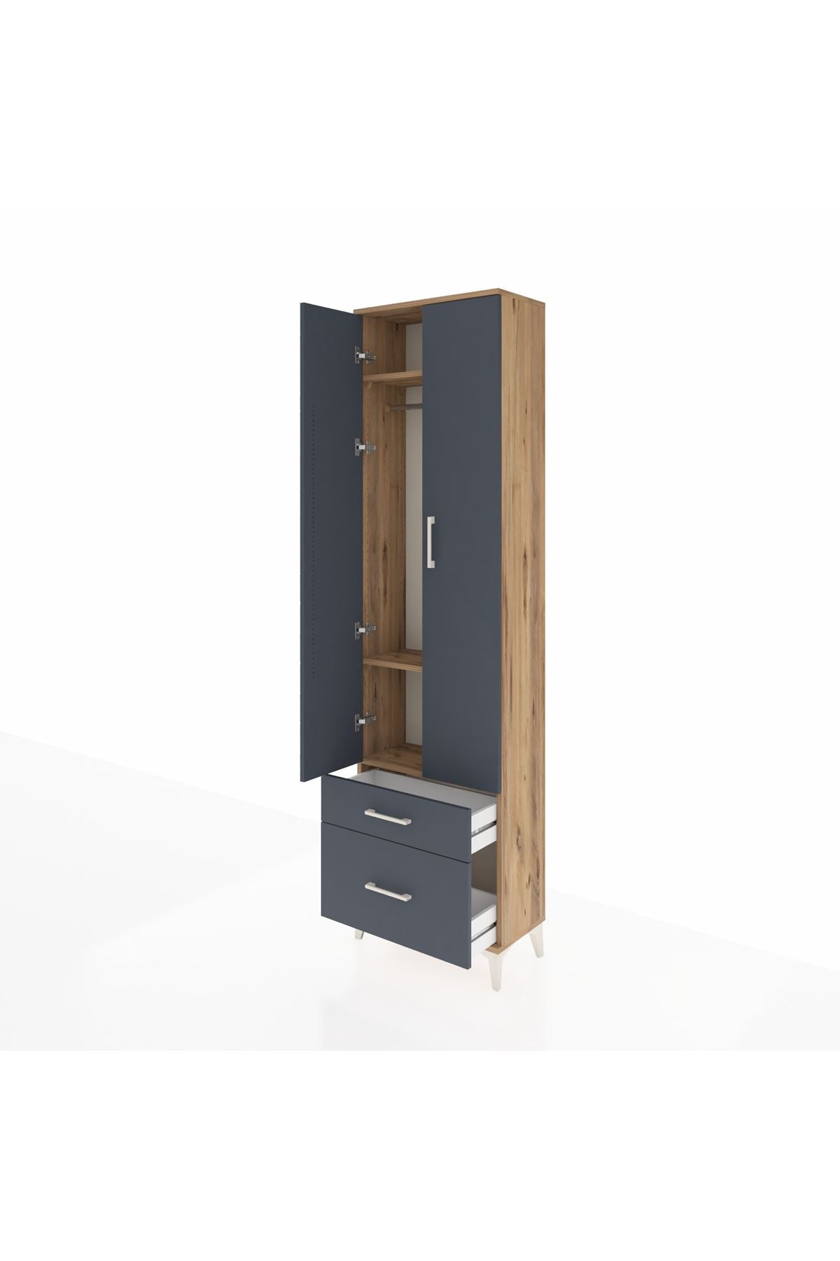 Arges Dolap 3 Raflı 2 Çekmeceli Tek Askılı 60x30x221 Çam-Antrasit