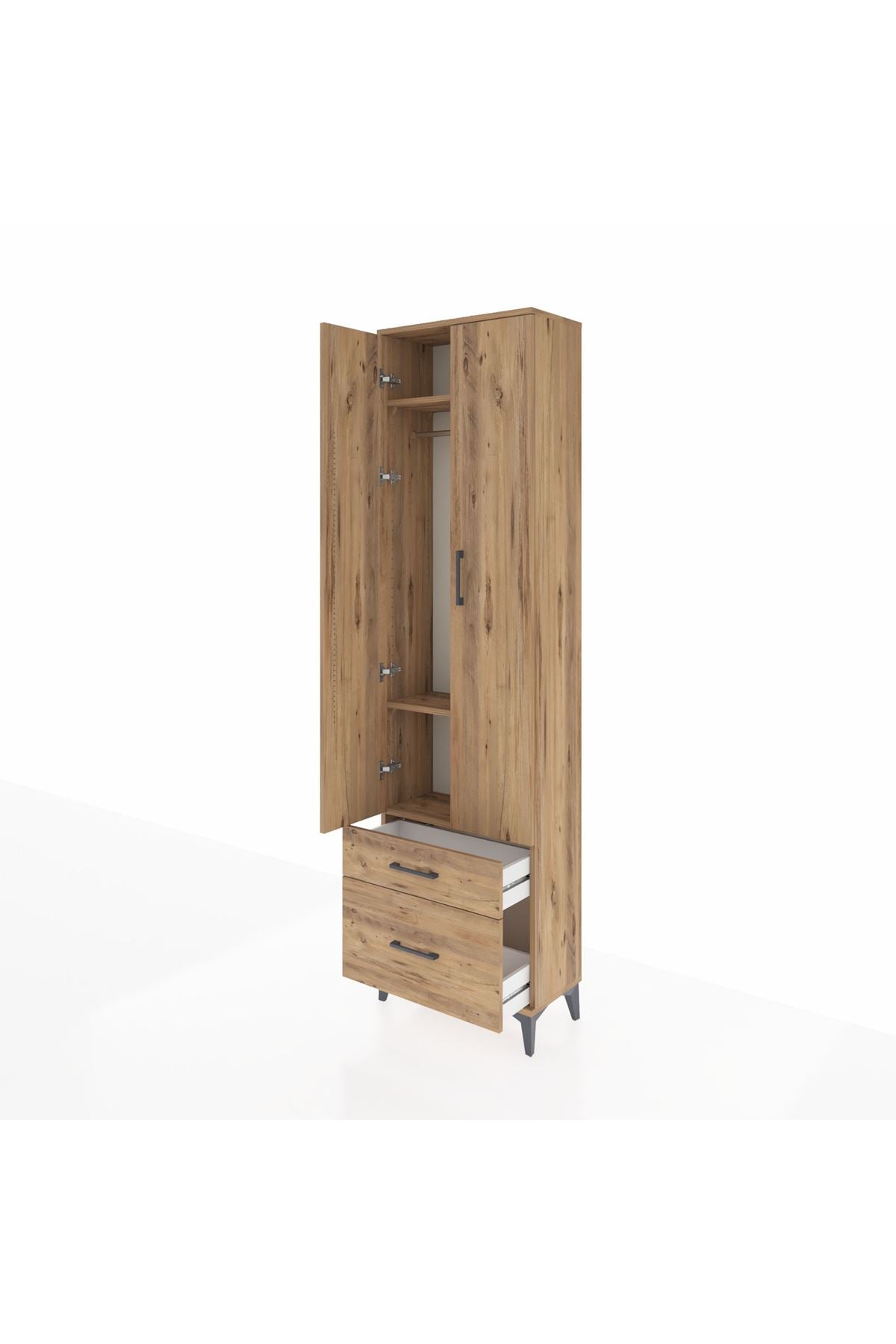 Arges Dolap 3 Raflı 2 Çekmeceli Tek Askılı 60x30x221 Çam-Çam