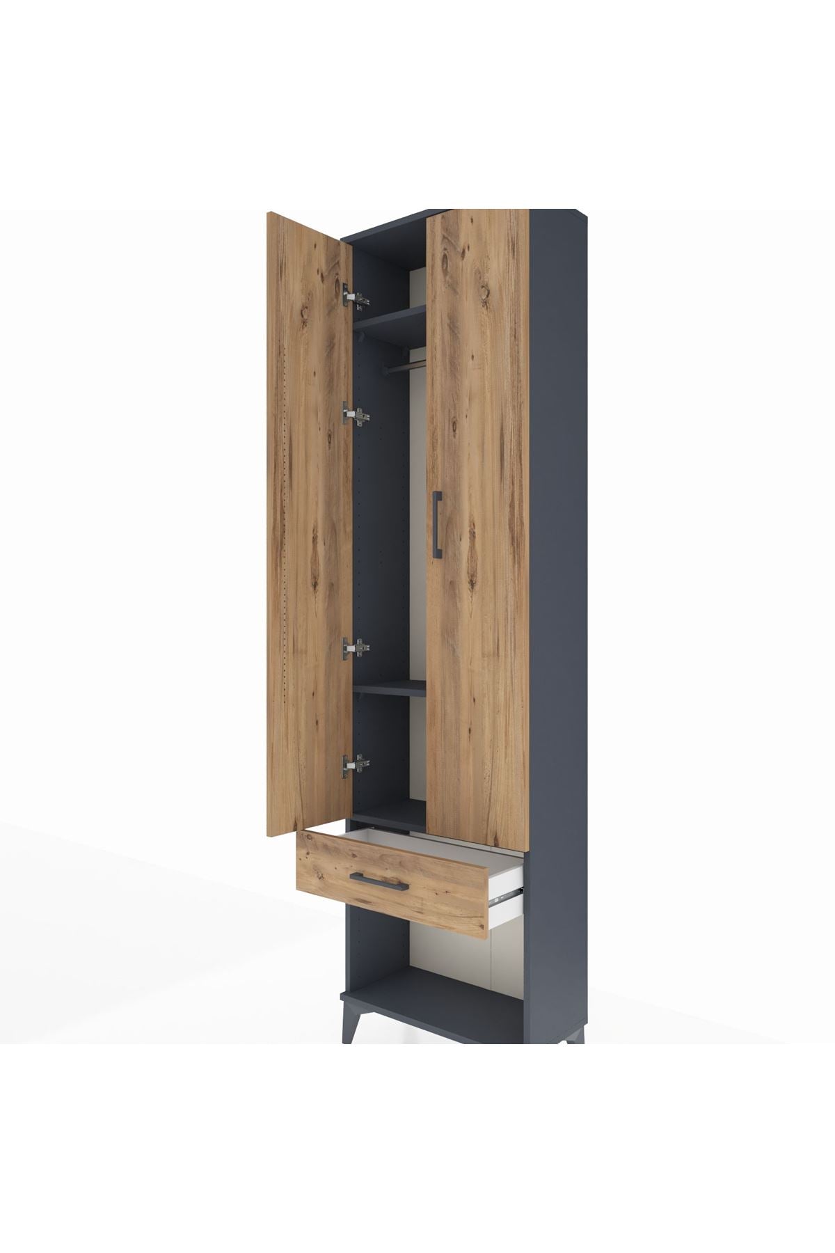 Arges Dolap 3 Raflı Tek Çekmeceli Tek Askılı 60x30x221 Antrasit-Çam