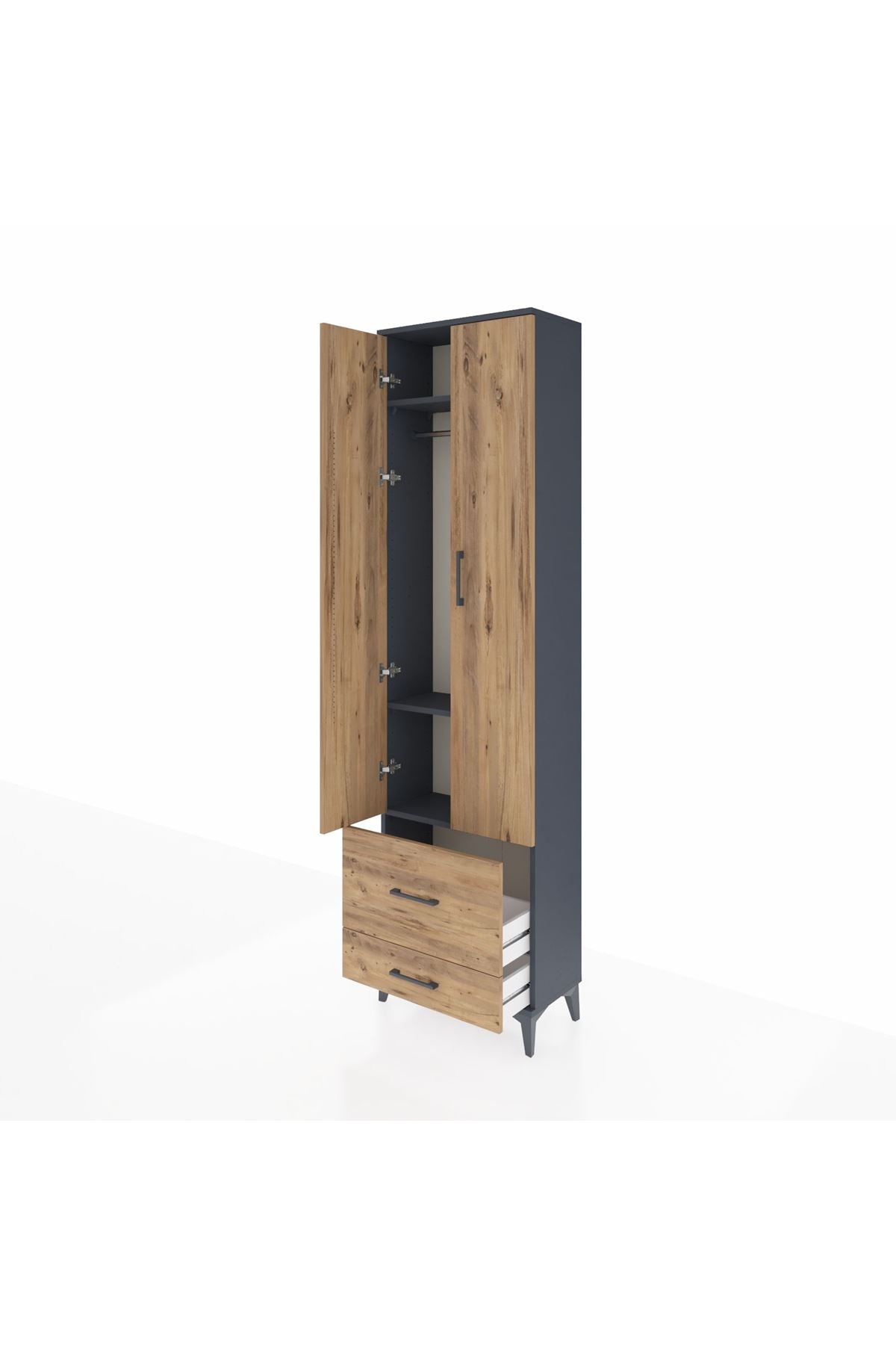 Arges Dolap 3 Raflı 2 Çekmeceli Tek Askılı 60x30x221 Antrasit-Çam