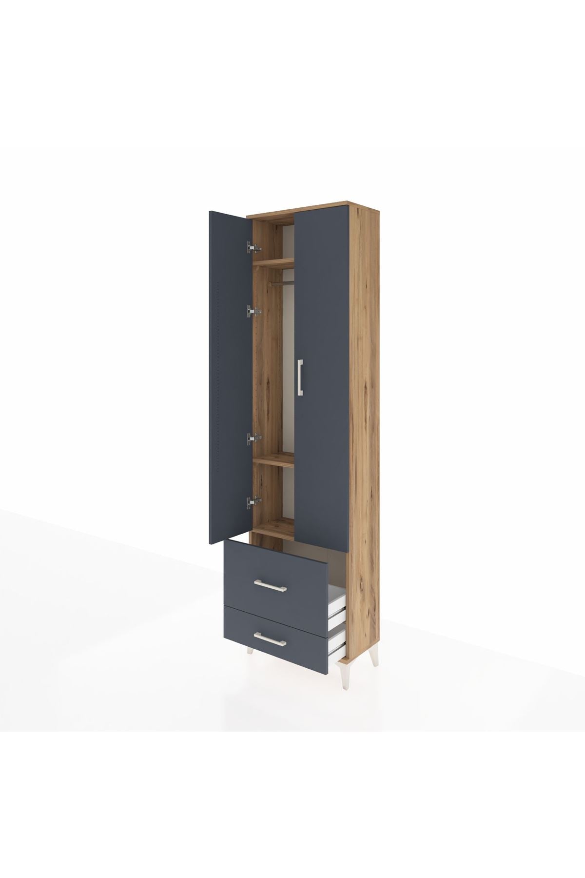 Arges Dolap 3 Raflı 2 Çekmeceli Tek Askılı 60x30x221 Çam-Antrasit