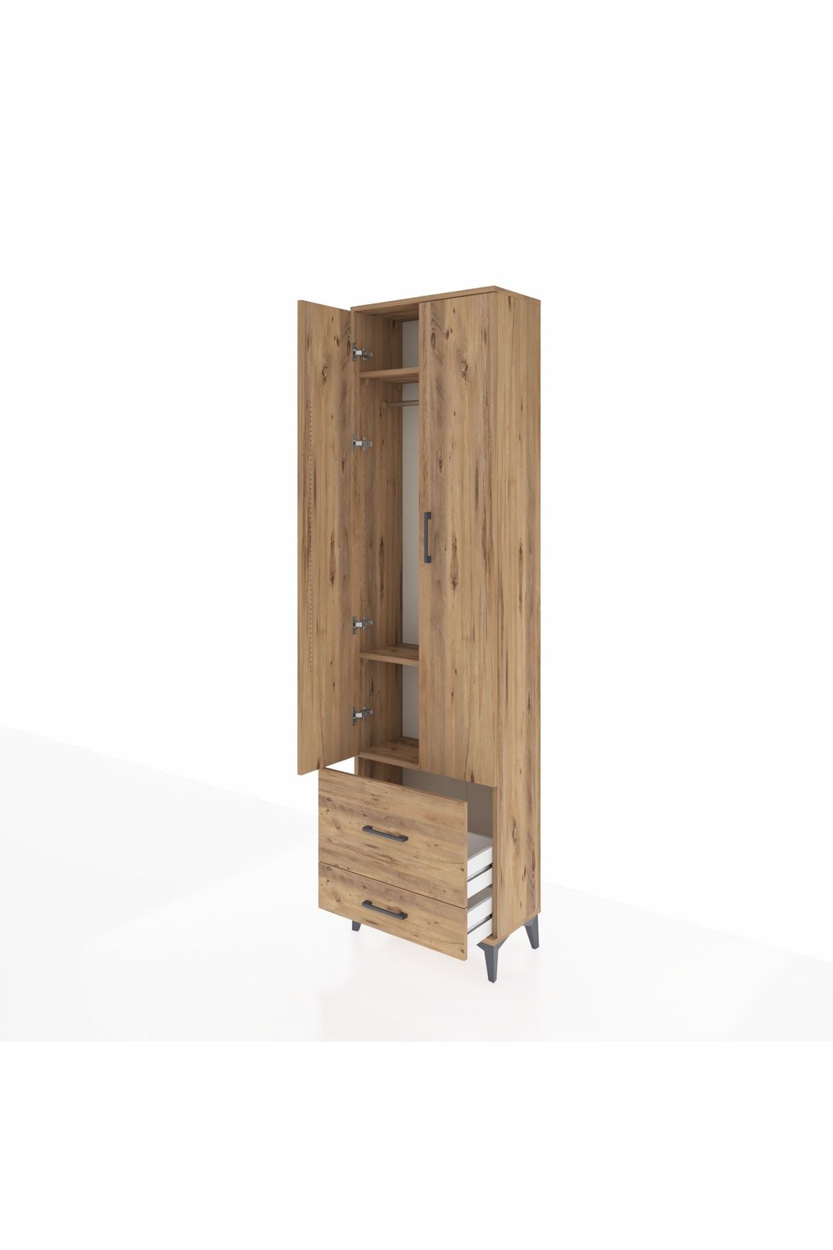 Arges Dolap 3 Raflı 2 Çekmeceli Tek Askılı 60x30x221 Çam-Çam