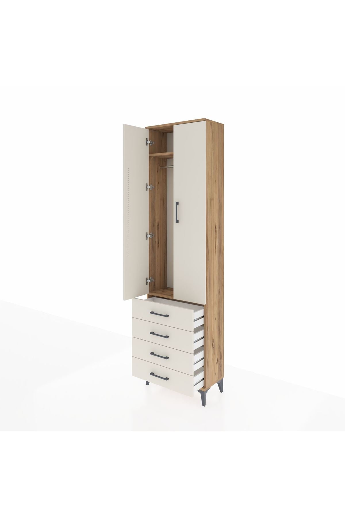 Arges Dolap 2 Raflı 4 Çekmeceli Tek Askılı 60x30x221 Çam-Aytaşı