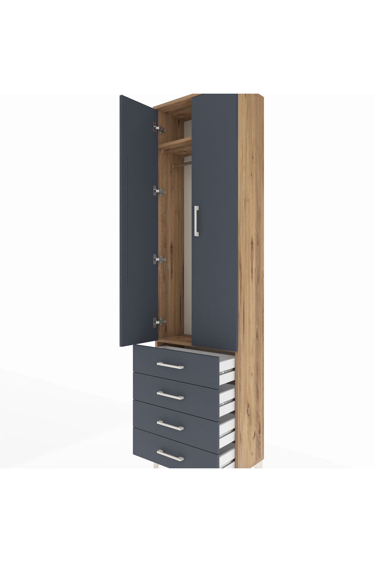 Arges Dolap 2 Raflı 4 Çekmeceli Tek Askılı 60x30x221 Çam-Antrasit