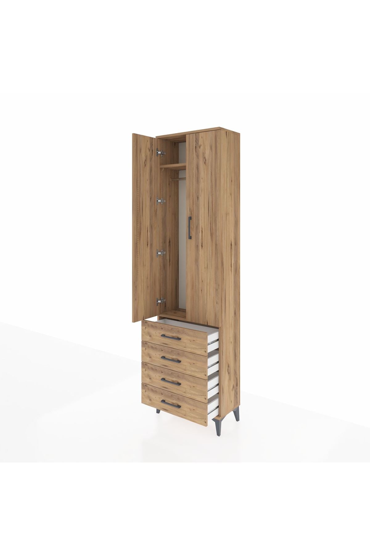 Arges Dolap 2 Raflı 4 Çekmeceli Tek Askılı 60x30x221 Çam-Çam