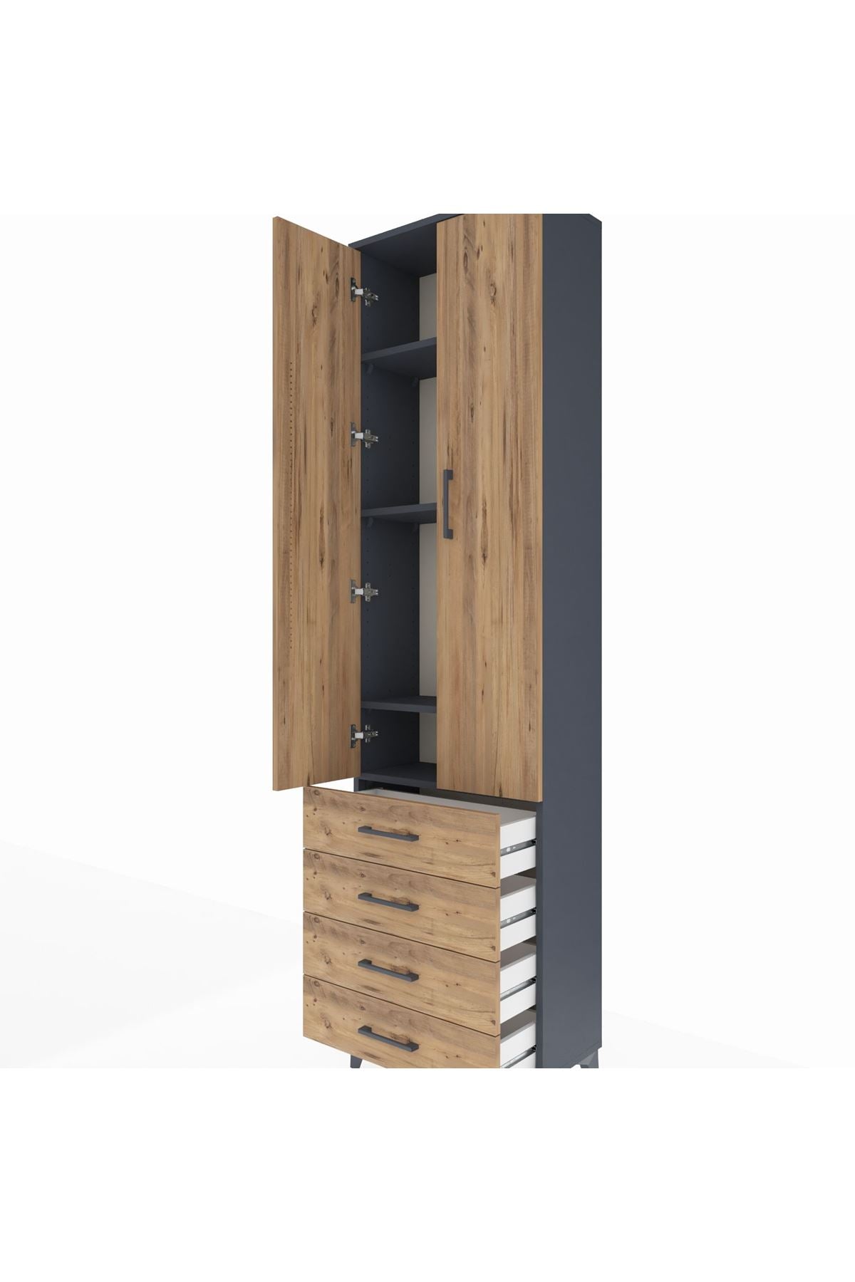 Arges Dolap 4 Raflı 4 Çekmeceli 2 Kapaklı 60x30x221 Antrasit-Çam