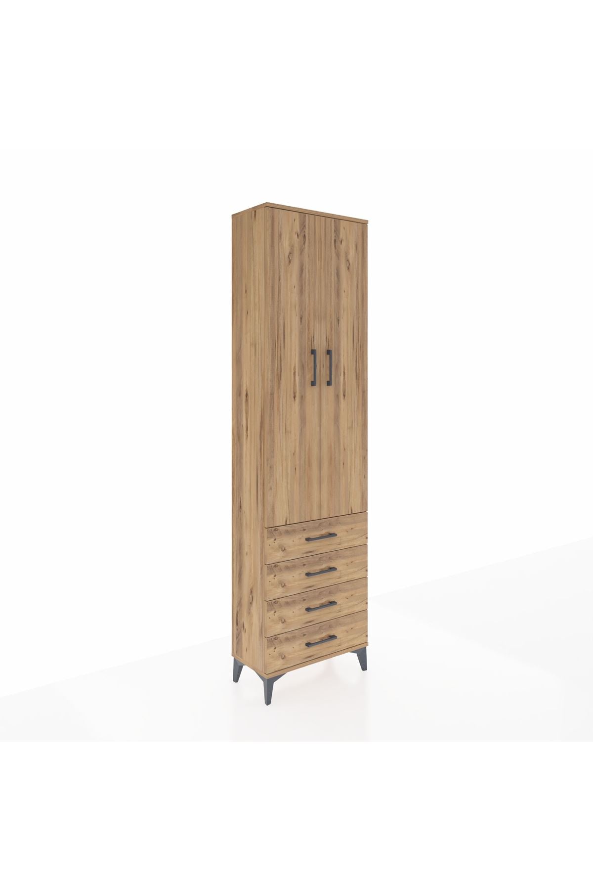 Arges Dolap 4 Raflı 4 Çekmeceli 2 Kapaklı 60x30x221 Çam-Çam