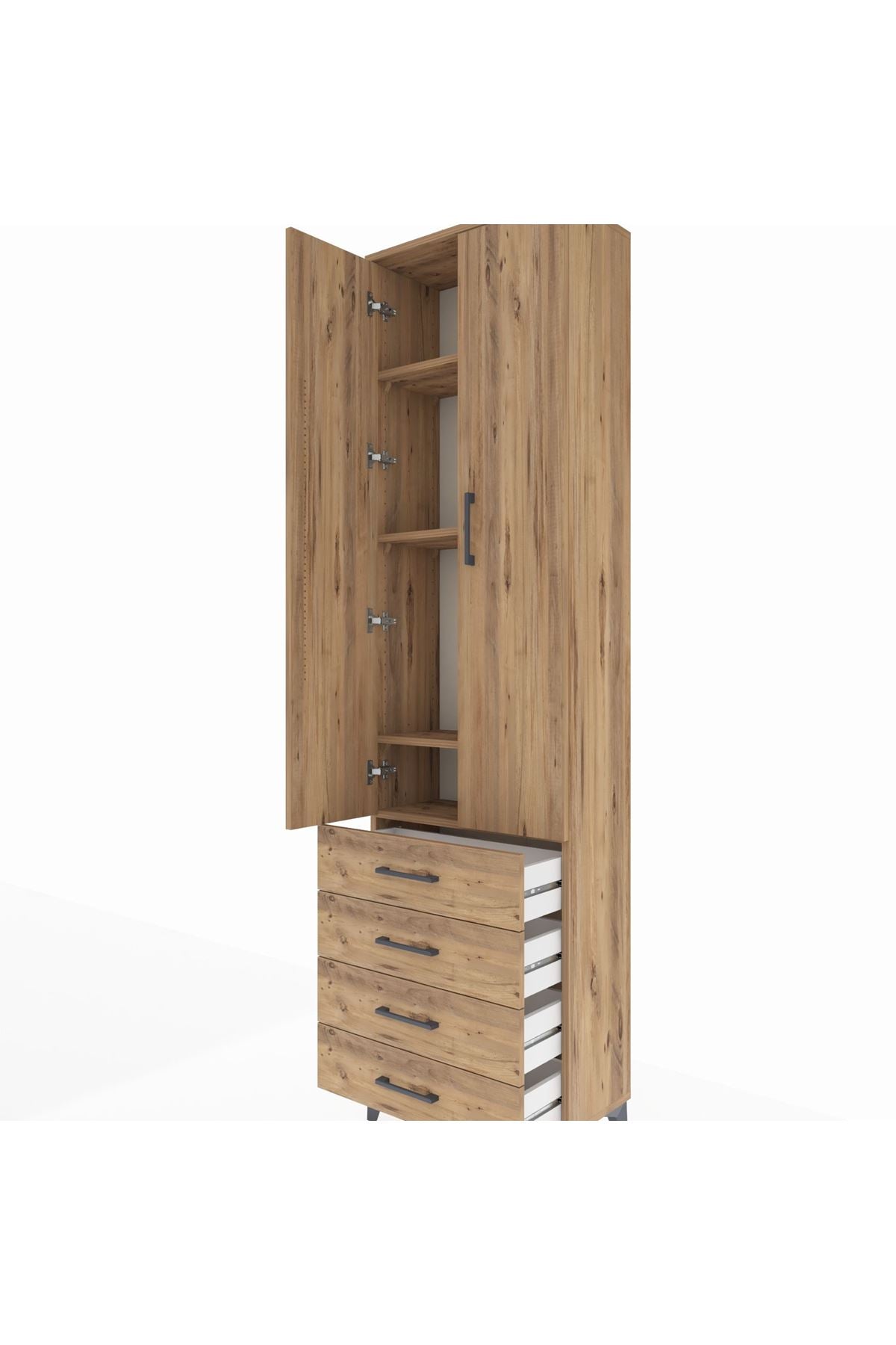 Arges Dolap 4 Raflı 4 Çekmeceli 2 Kapaklı 60x30x221 Çam-Çam