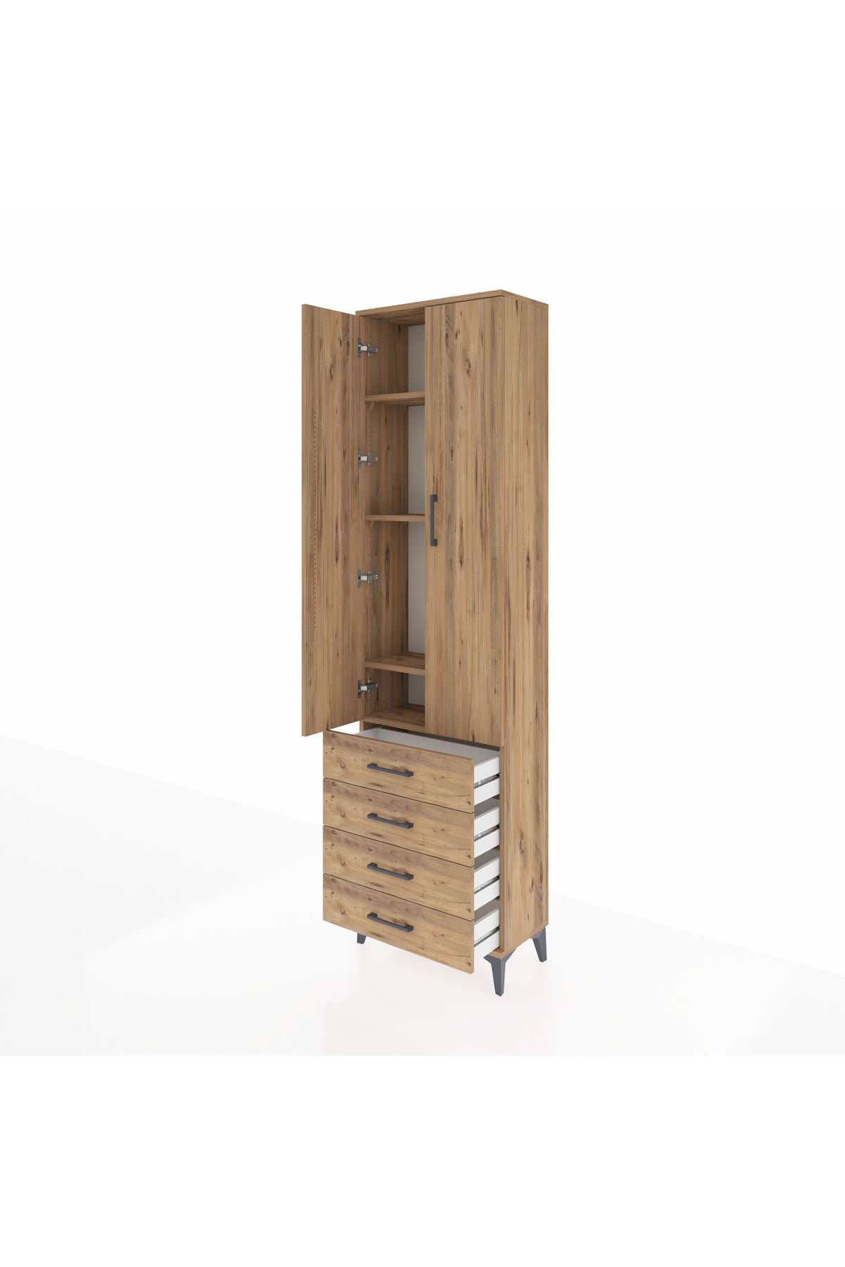 Arges Dolap 4 Raflı 4 Çekmeceli 2 Kapaklı 60x30x221 Çam-Çam