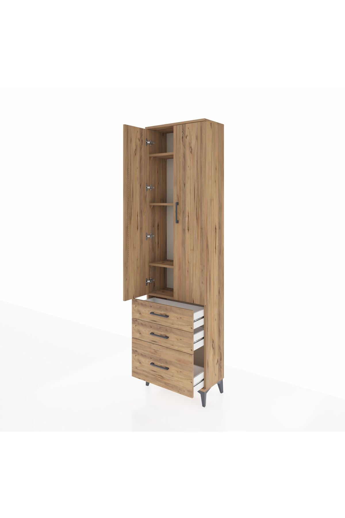 Arges Dolap 4 Raflı 3 Çekmeceli 2 Kapaklı 60x30x221 Çam-Çam