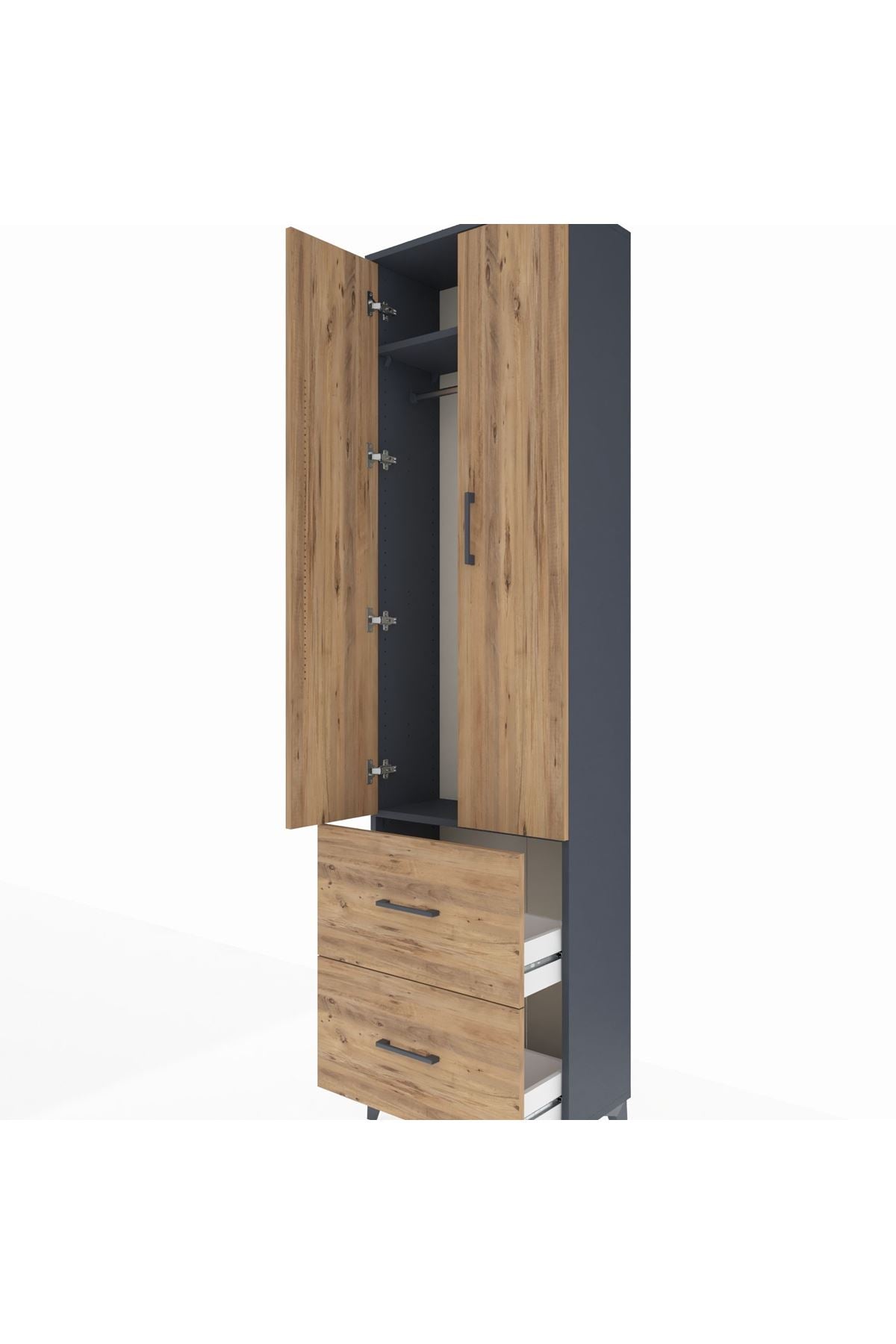 Arges Dolap 2 Raflı 2 Çekmeceli Tek Askılı 60x30x221 Antrasit-Çam