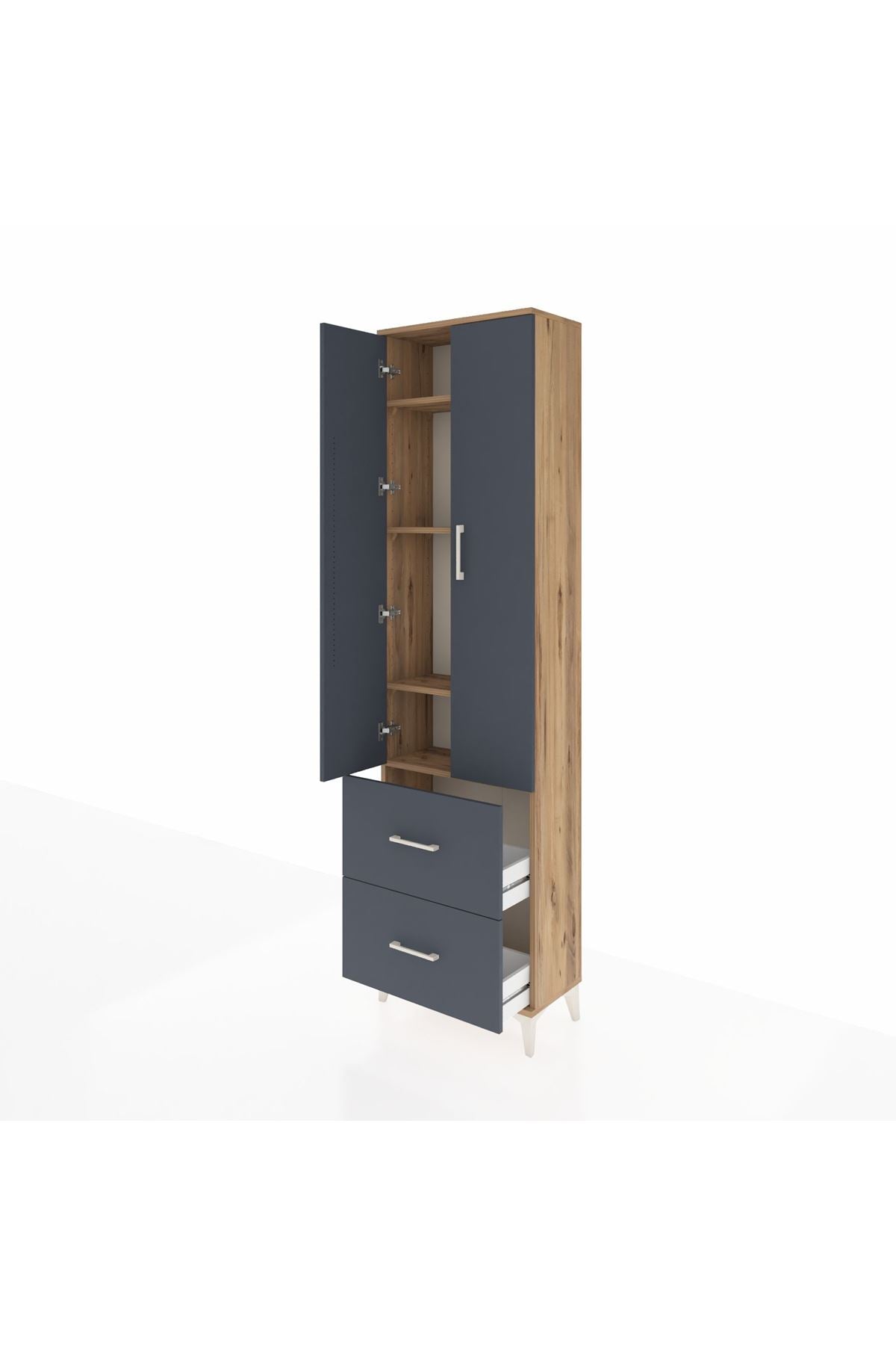 Arges Dolap 4 Raflı 2 Çekmeceli 2 Kapaklı 60x30x221 Çam-Antrasit