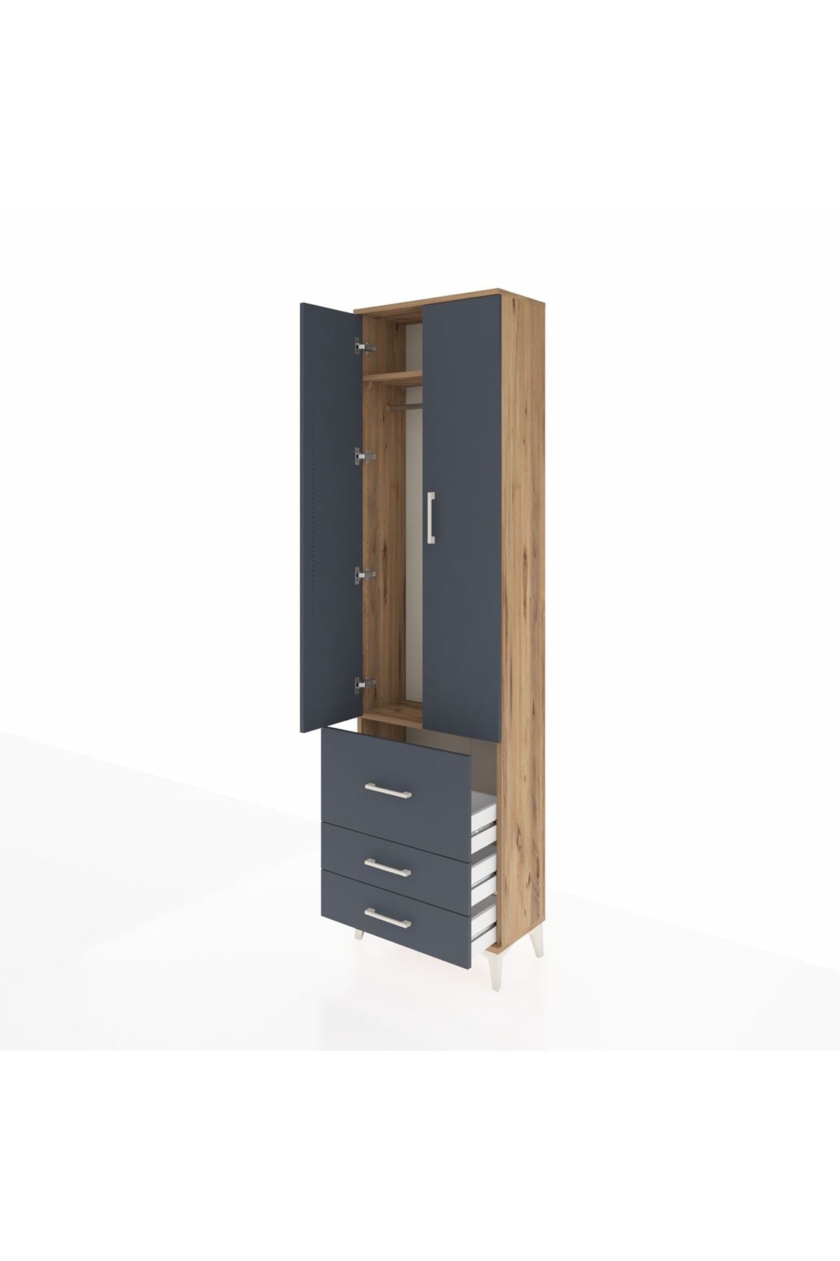 Arges Dolap 2 Raflı 3 Çekmeceli Tek Askılı 60x30x221 Çam-Antrasit