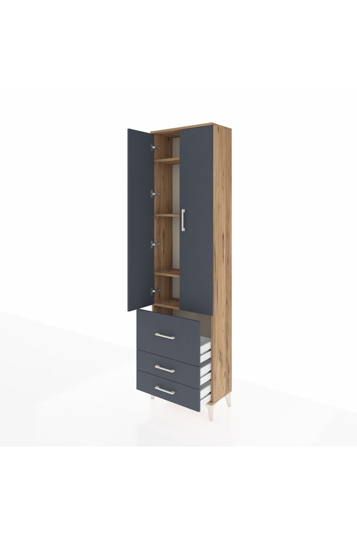 Arges Dolap 4 Raflı 3 Çekmeceli 2 Kapaklı 60x30x221 Çam-Antrasit