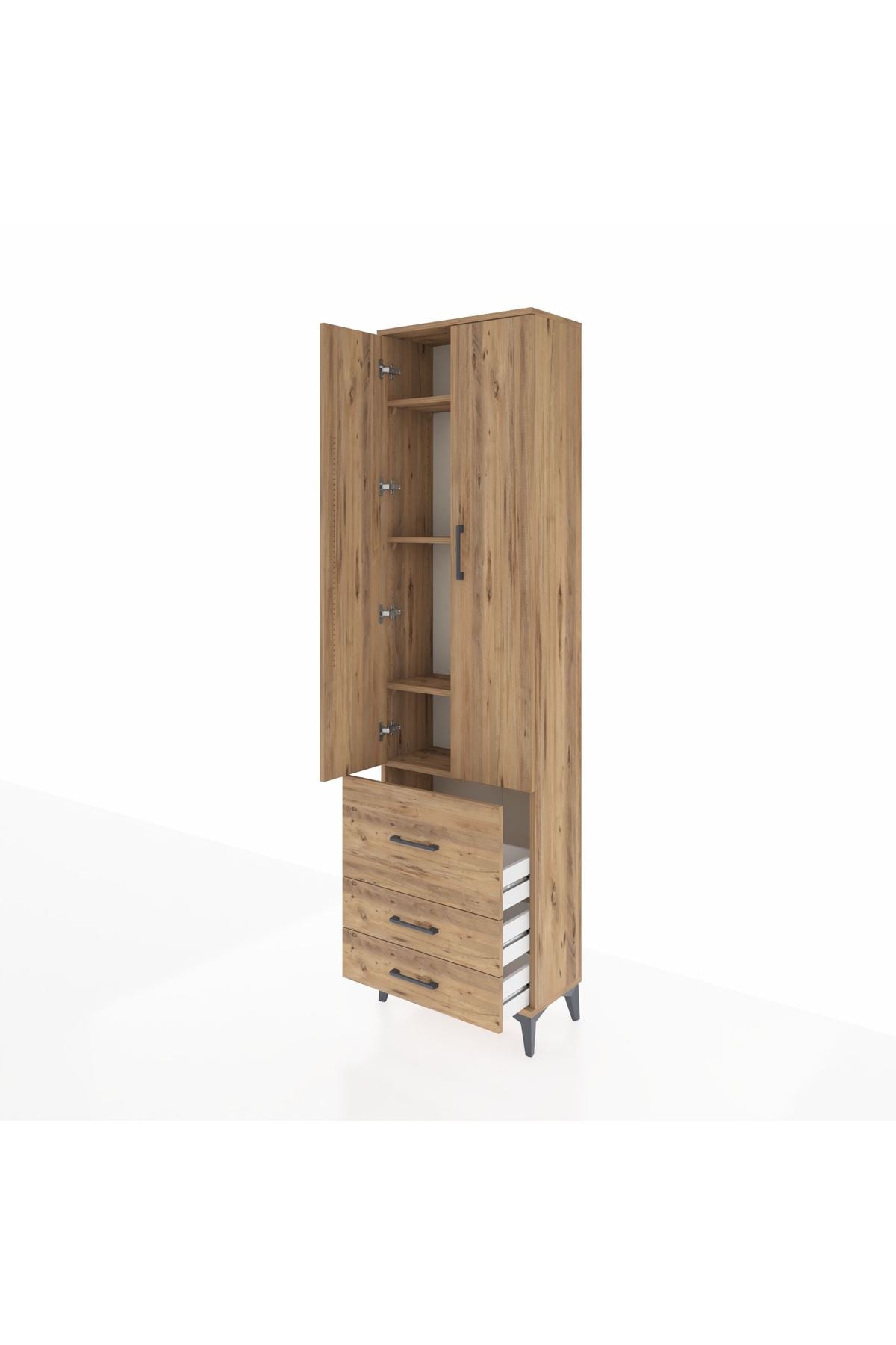 Arges Dolap 4 Raflı 3 Çekmeceli 2 Kapaklı 60x30x221 Çam-Çam