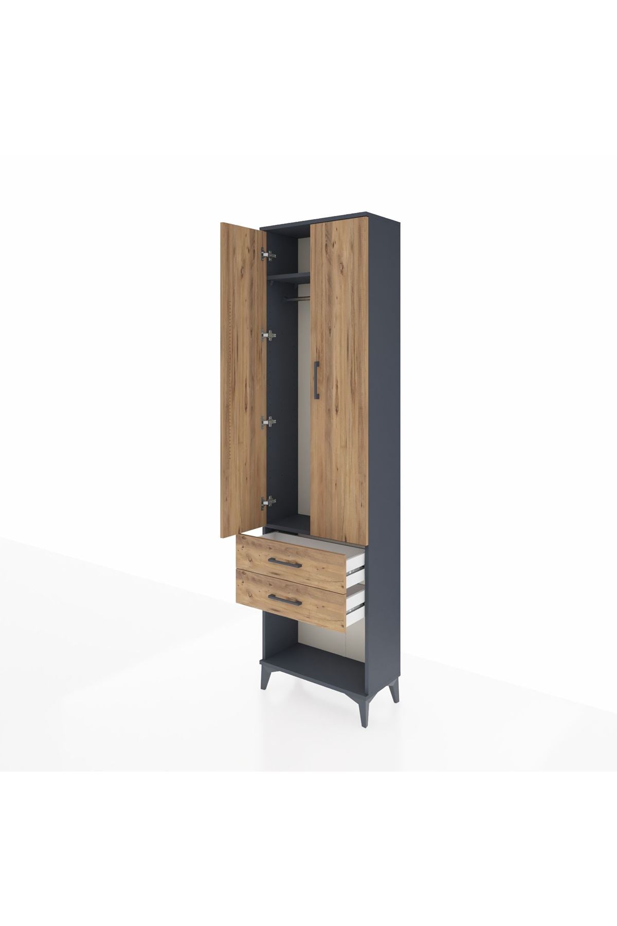 Arges Dolap 2 Raflı 2 Çekmeceli Tek Askılı 60x30x221 Antrasit-Çam