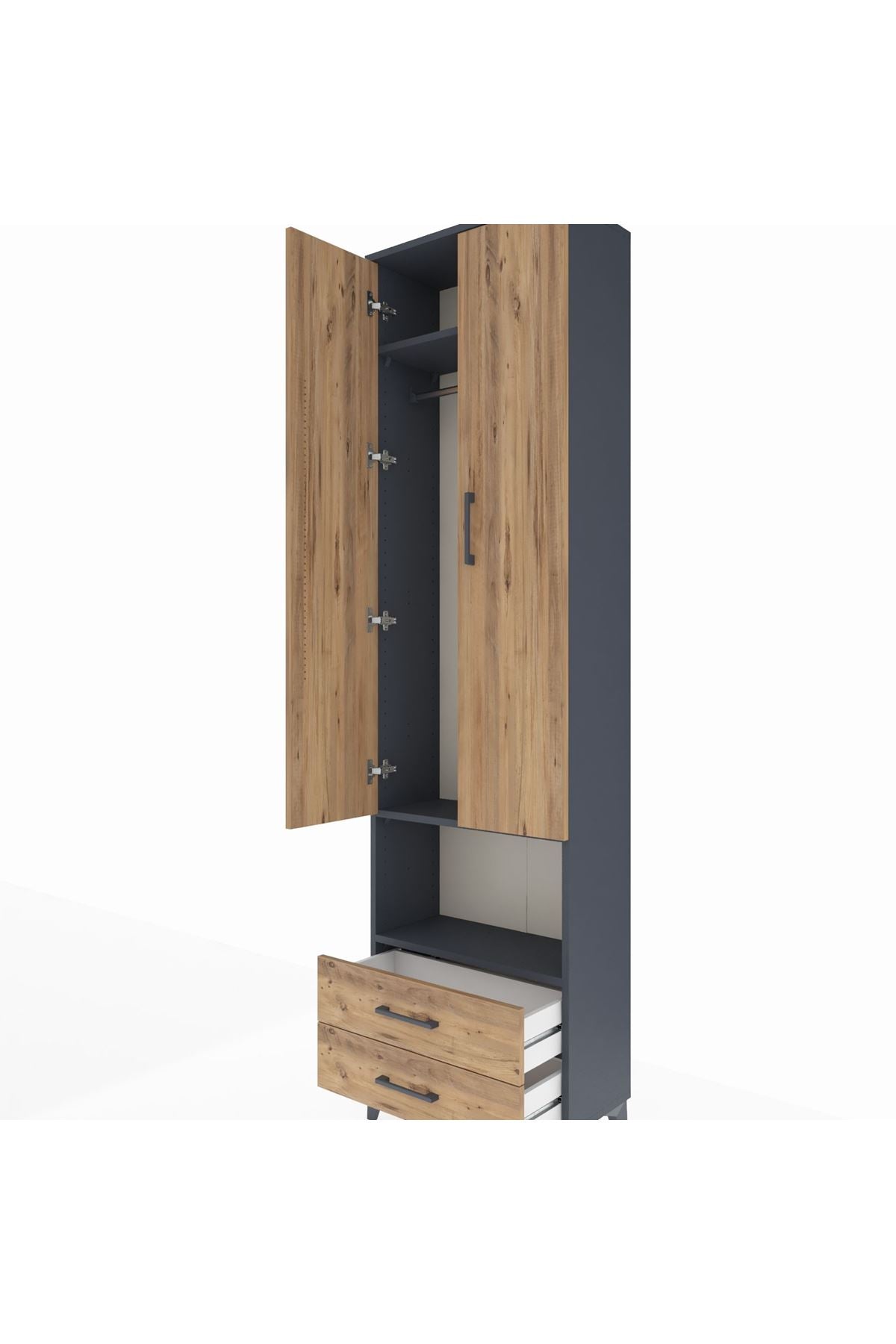 Arges Dolap 3 Raflı 2 Çekmeceli Tek Askılı 60x30x221 Antrasit-Çam