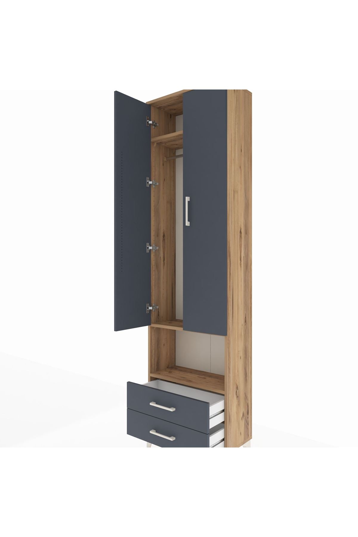 Arges Dolap 3 Raflı 2 Çekmeceli Tek Askılı 60x30x221 Çam-Antrasit