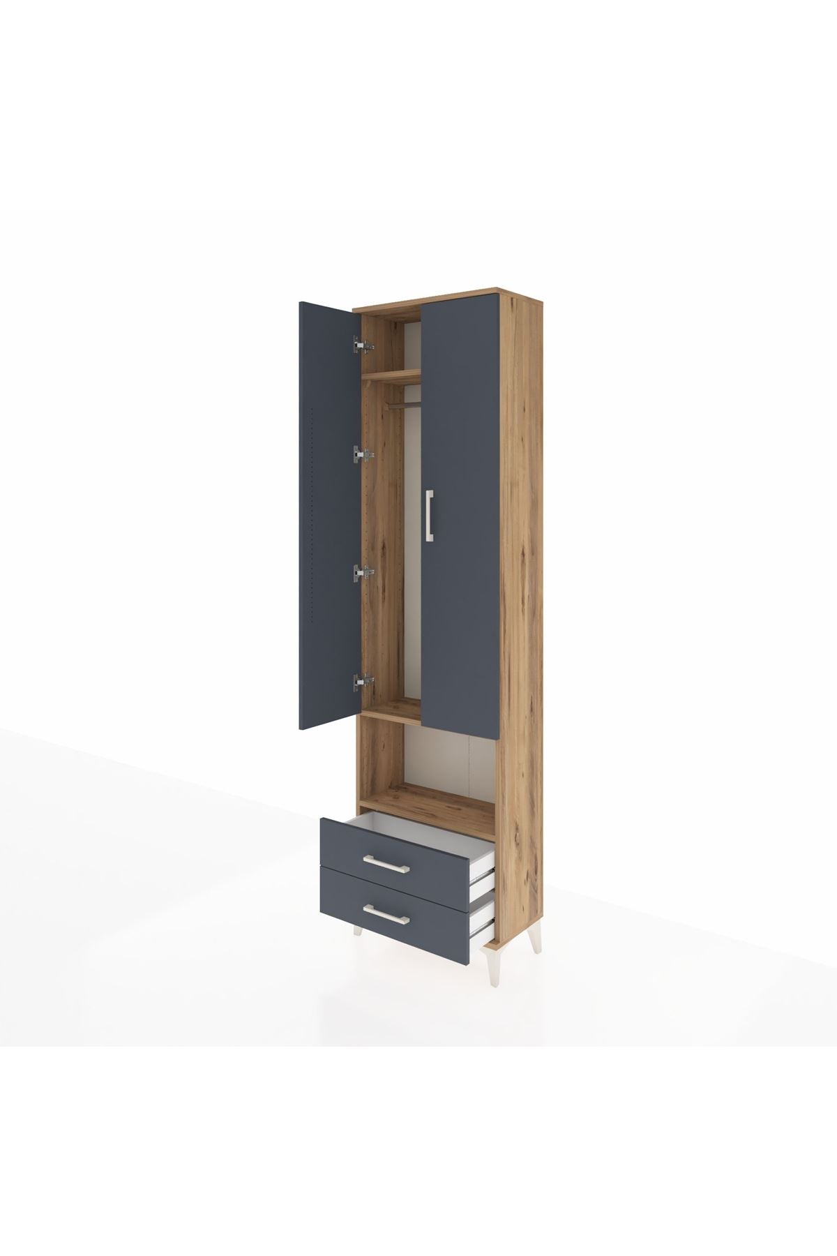 Arges Dolap 3 Raflı 2 Çekmeceli Tek Askılı 60x30x221 Çam-Antrasit