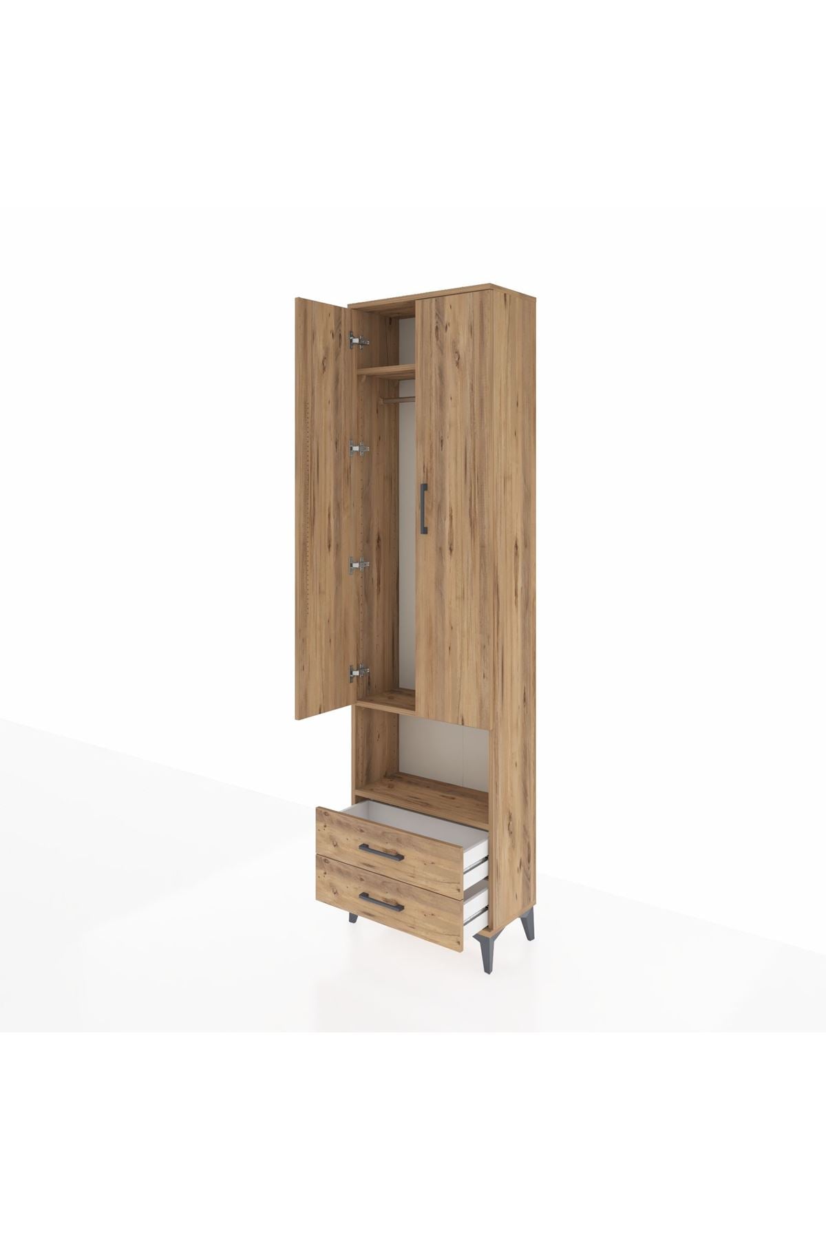 Arges Dolap 3 Raflı 2 Çekmeceli Tek Askılı 60x30x221 Çam-Çam