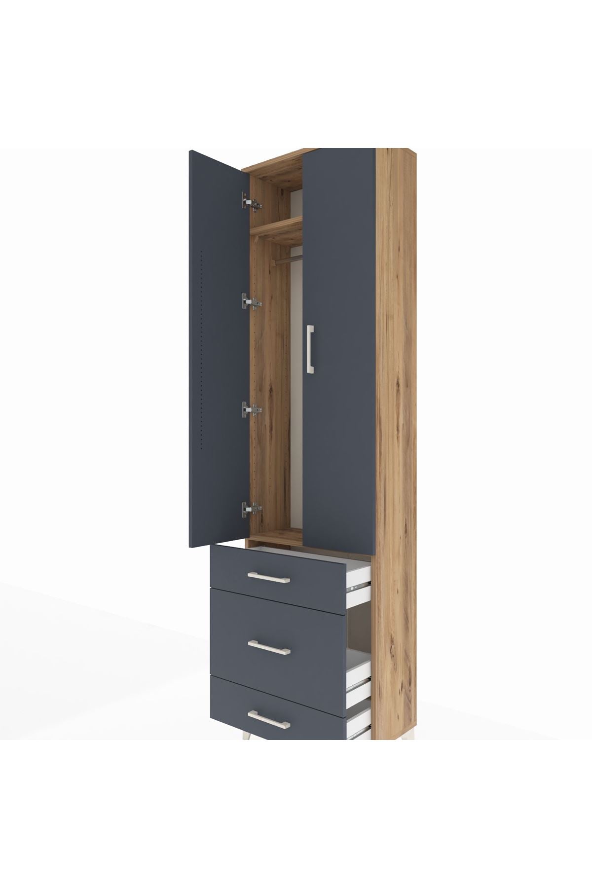 Arges Dolap 2 Raflı 3 Çekmeceli Tek Askılı 60x30x221 Çam-Antrasit