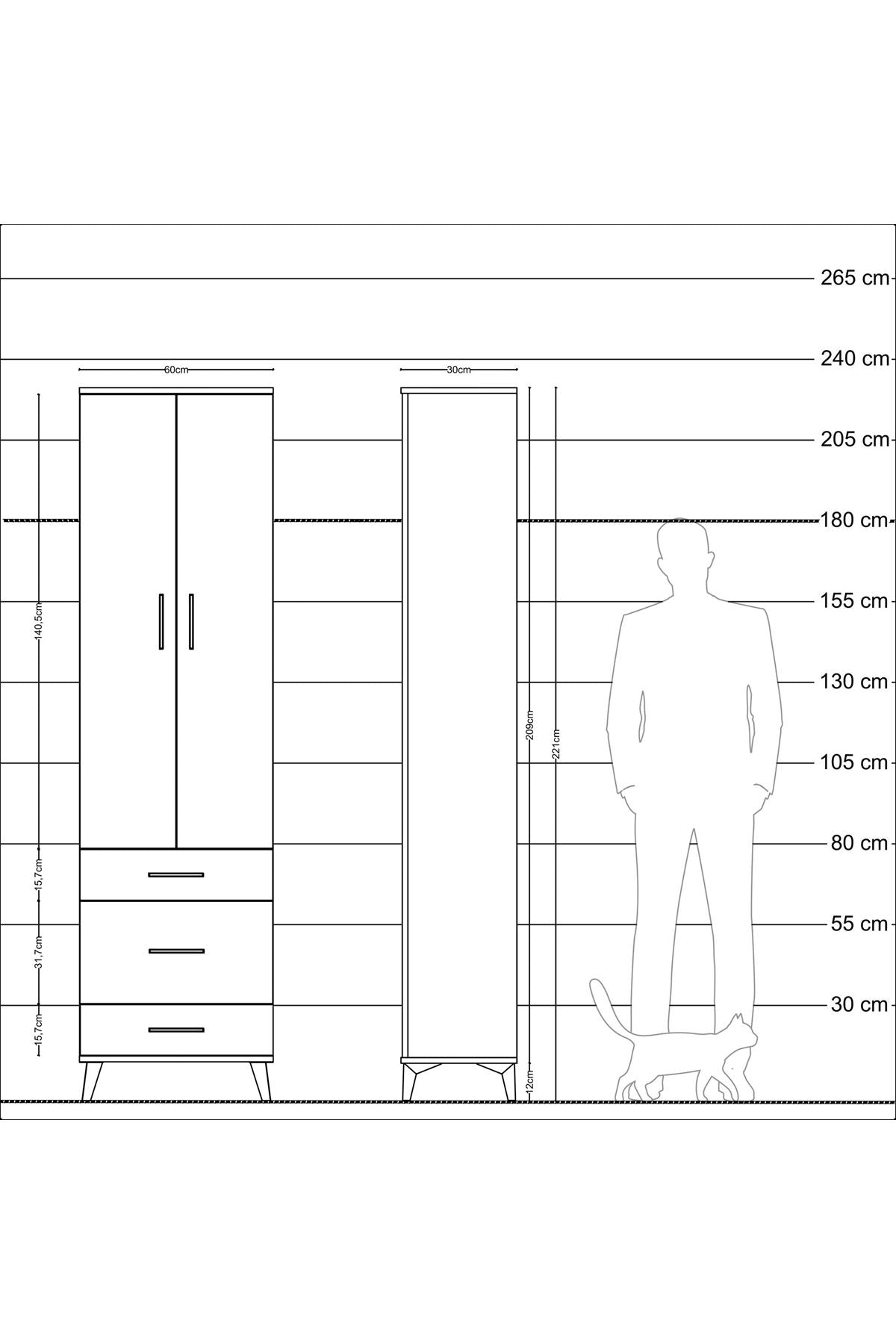 Arges Dolap 2 Raflı 3 Çekmeceli Tek Askılı 60x30x221 Çam-Antrasit