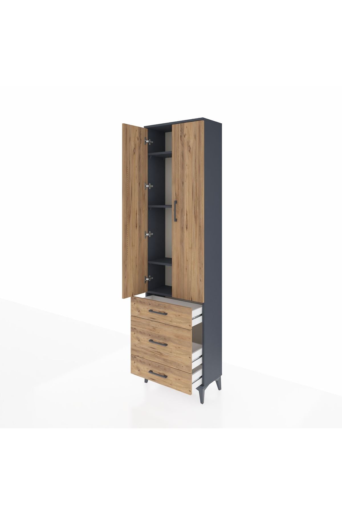 Arges Dolap 4 Raflı 3 Çekmeceli 2 Kapaklı 60x30x221 Antrasit-Çam