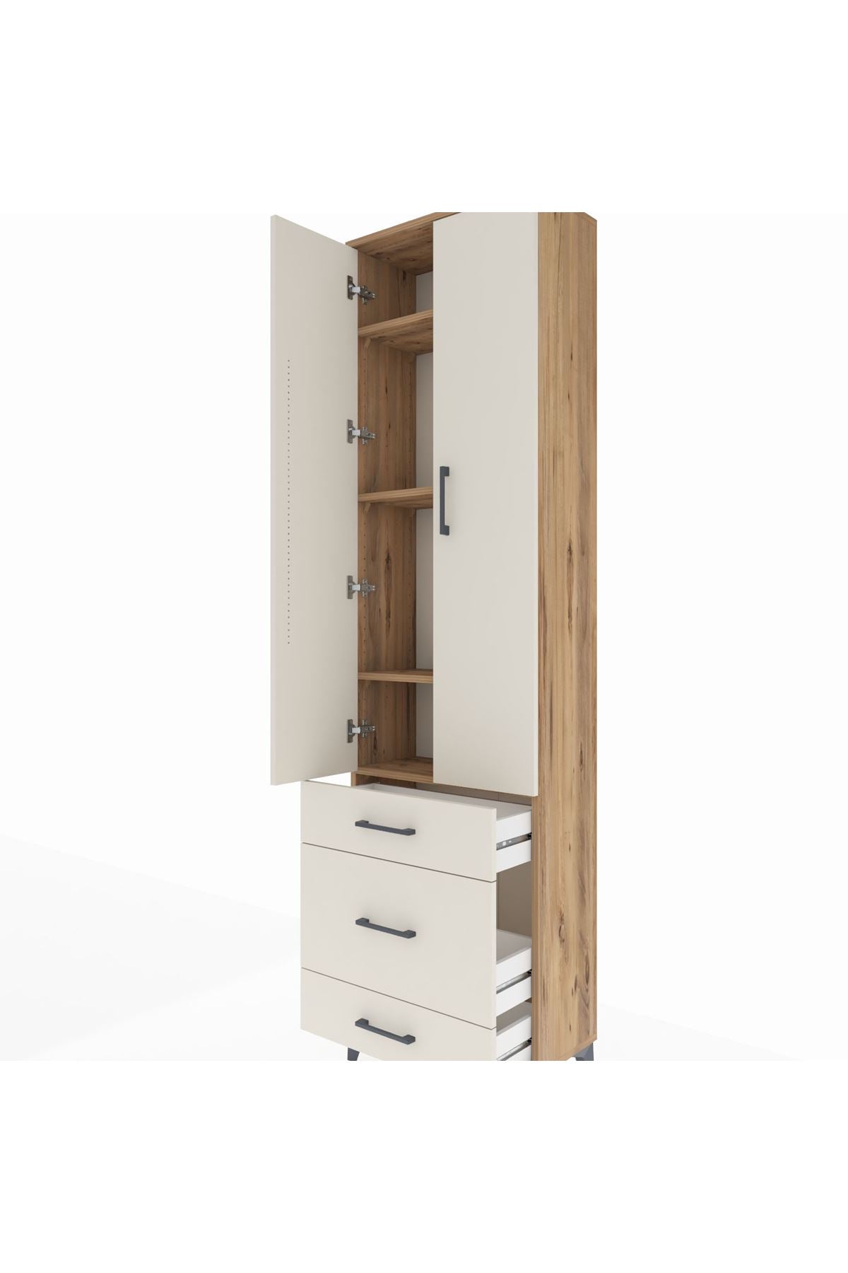 Arges Dolap 4 Raflı 3 Çekmeceli 2 Kapaklı 60x30x221 Çam-Aytaşı
