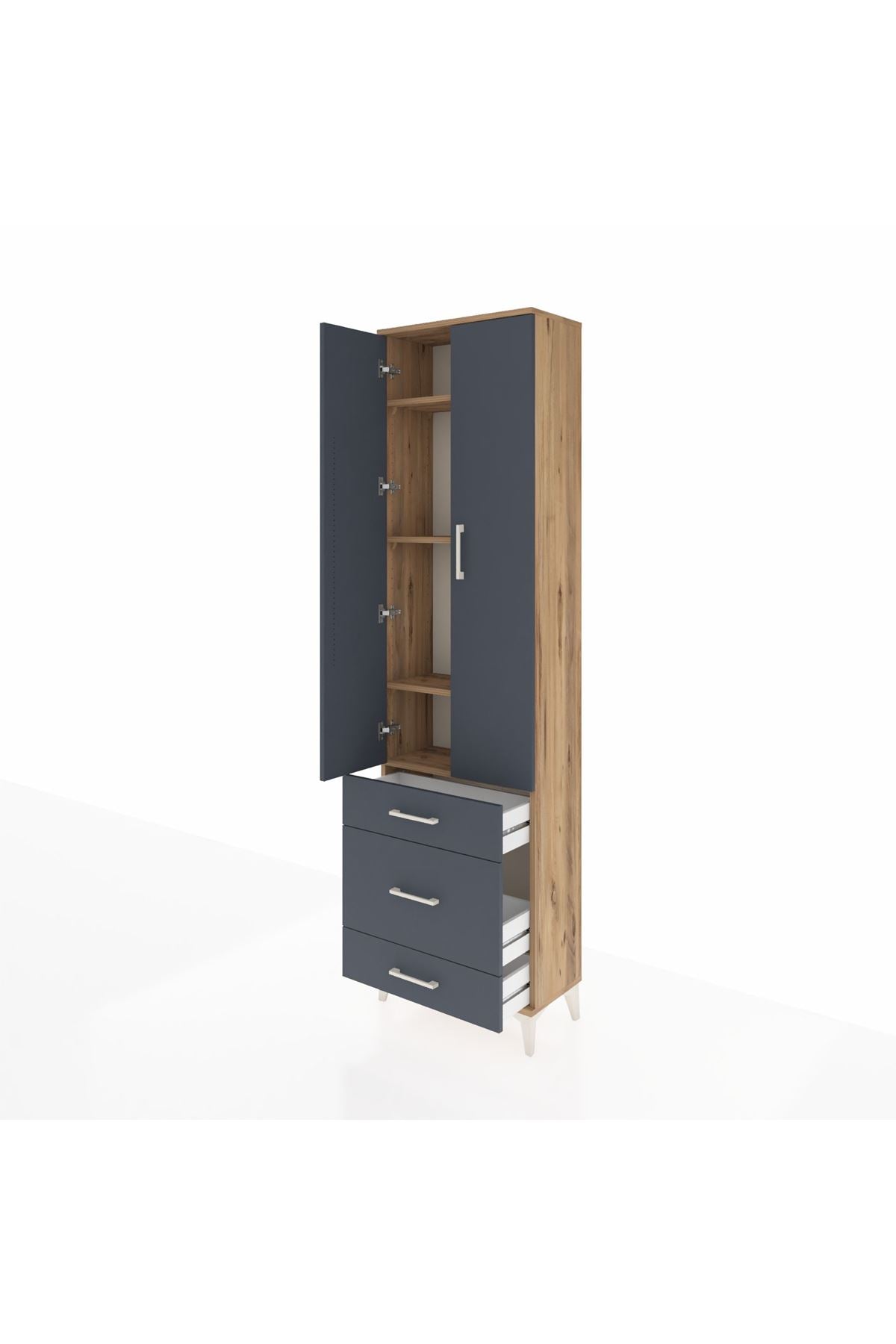 Arges Dolap 4 Raflı 3 Çekmeceli 2 Kapaklı 60x30x221 Çam-Antrasit
