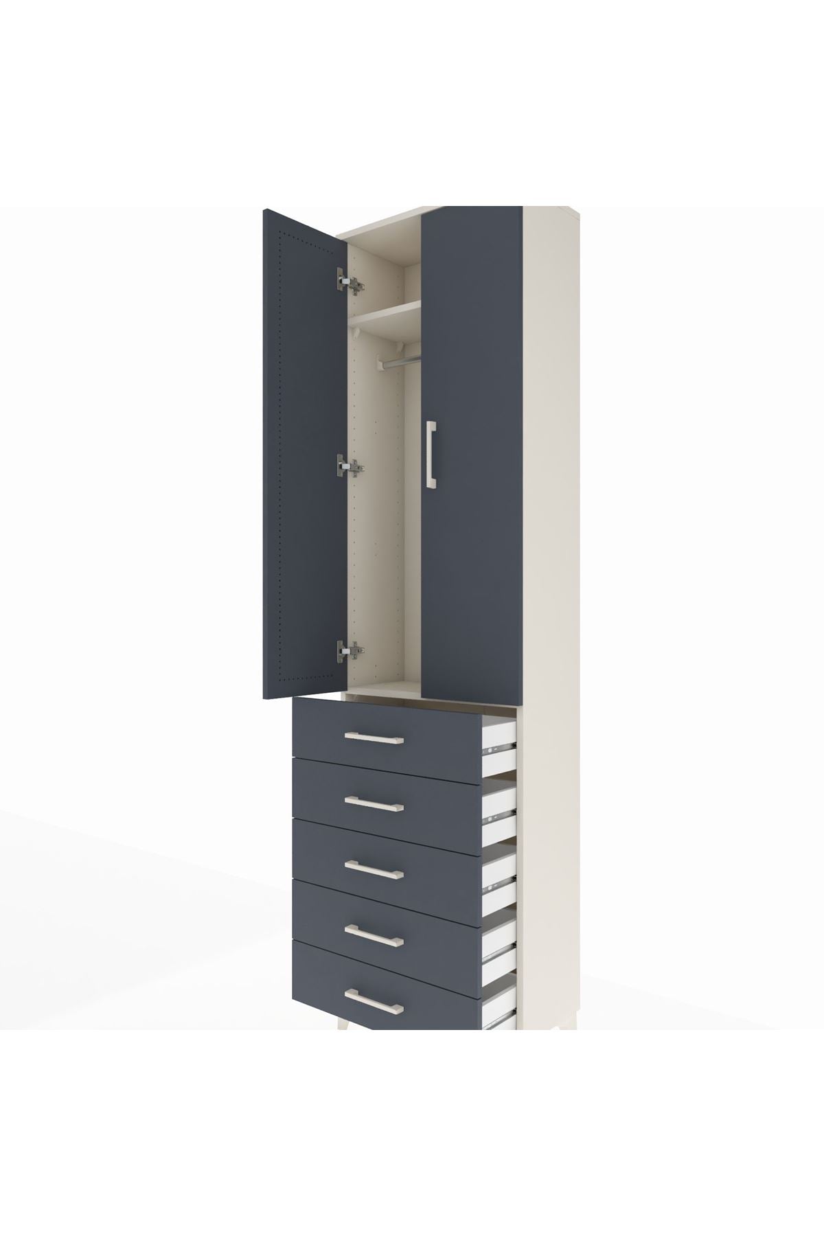 Arges Dolap 2 Raflı 5 Çekmeceli Tek Askılı 60x30x221 Aytaşı-Antrasit