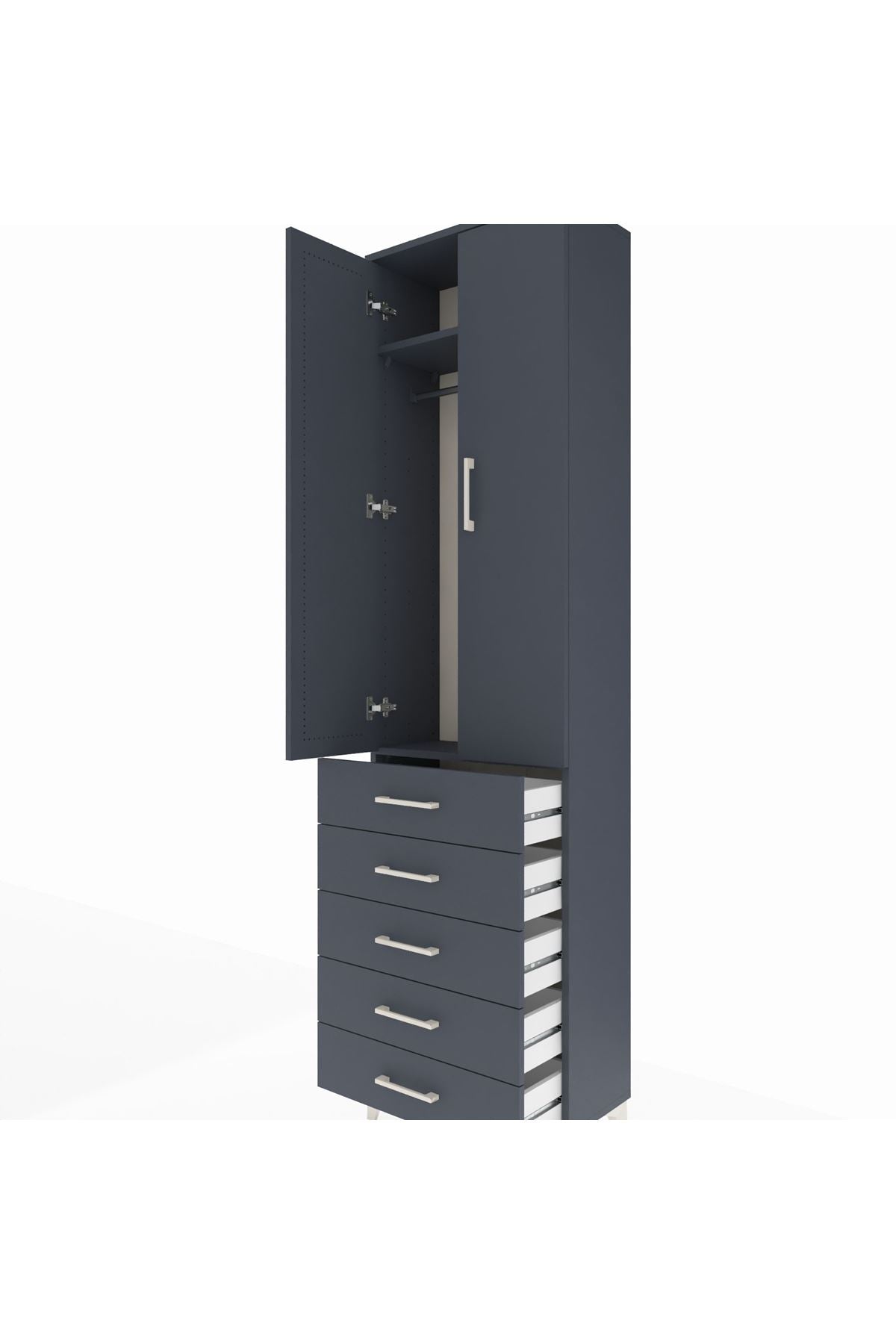 Arges Dolap 2 Raflı 5 Çekmeceli Tek Askılı 60x30x221 Antrasit-Antrasit