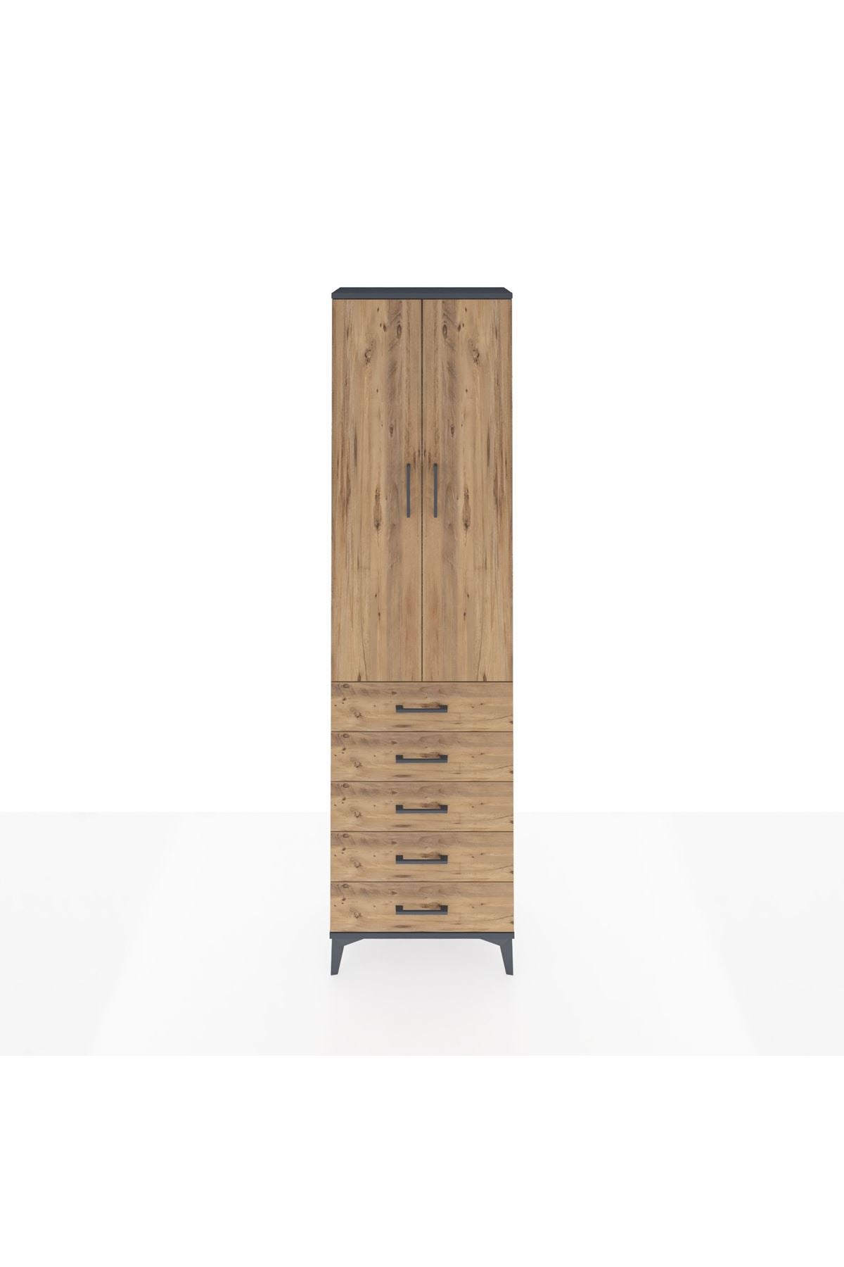 Arges Dolap 2 Raflı 5 Çekmeceli Tek Askılı 60x30x221 Antrasit-Çam