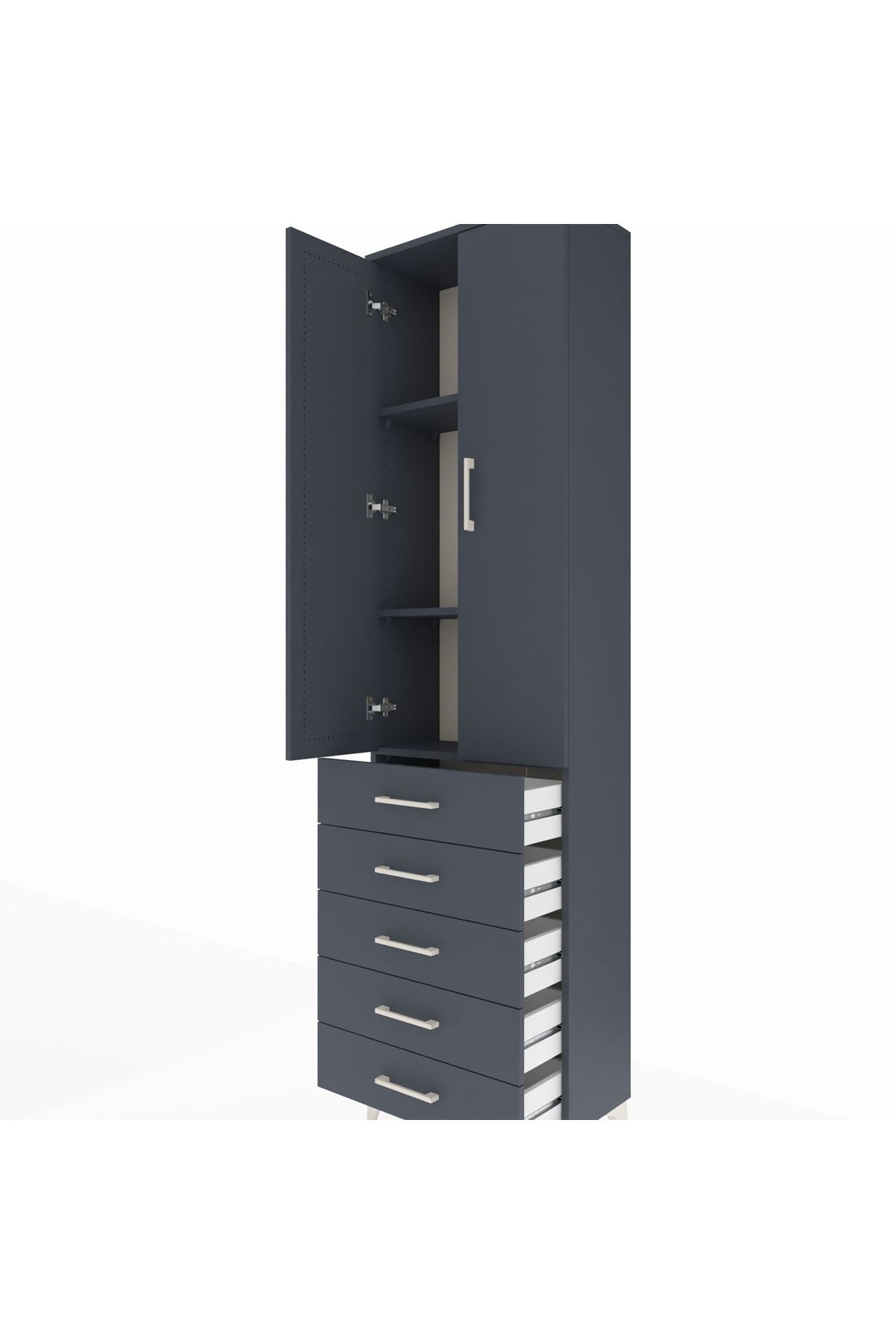 Arges Dolap 3 Raflı 5 Çekmeceli 2 Kapaklı 60x30x221 Antrasit-Antrasit