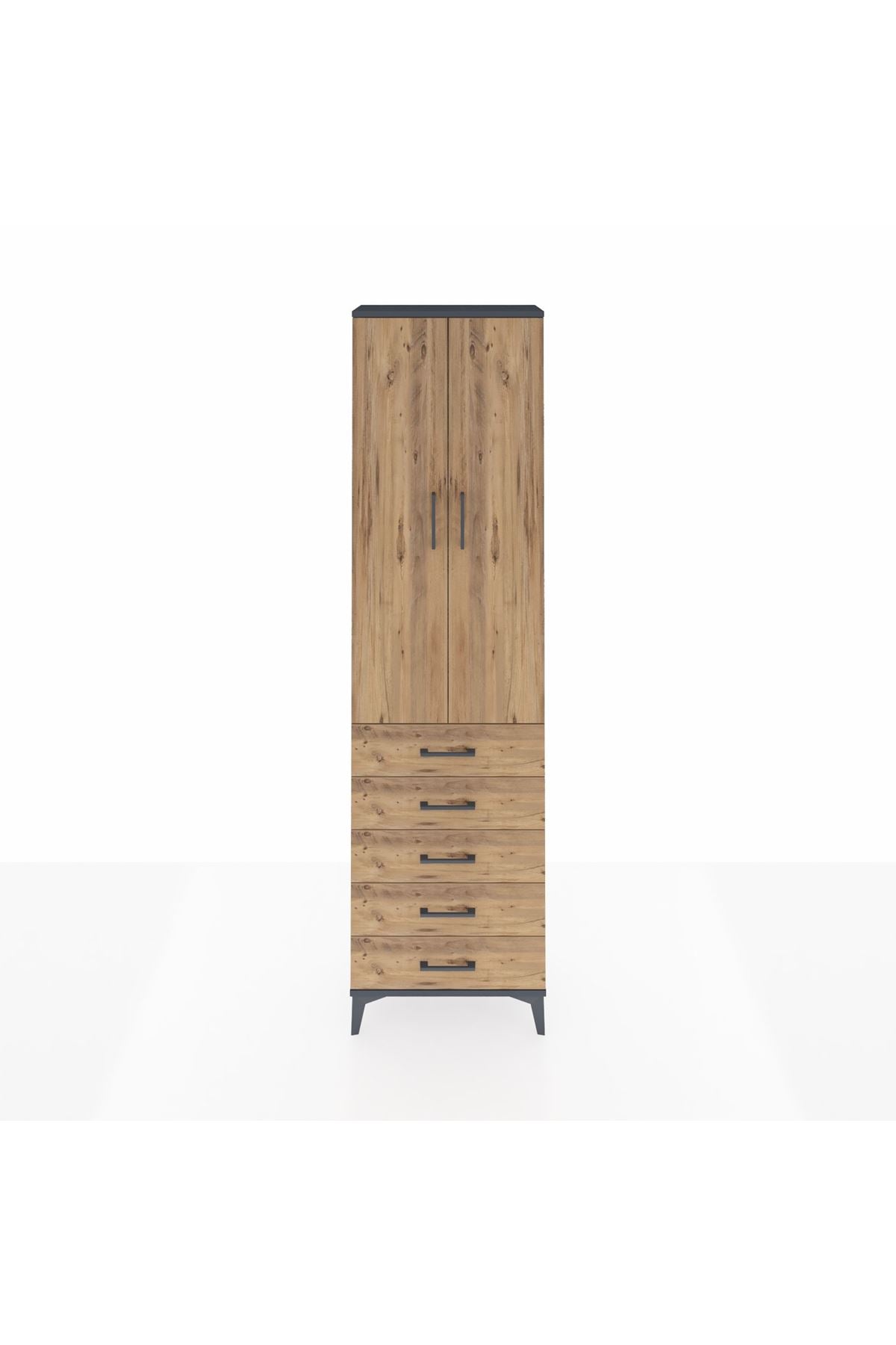 Arges Dolap 3 Raflı 5 Çekmeceli 2 Kapaklı 60x30x221 Antrasit-Çam