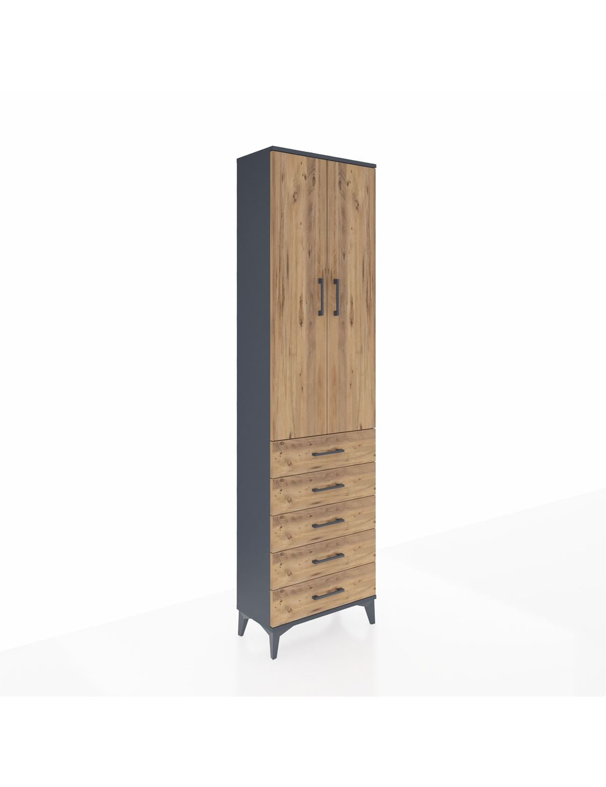 Arges Dolap 3 Raflı 5 Çekmeceli 2 Kapaklı 60x30x221 Antrasit-Çam