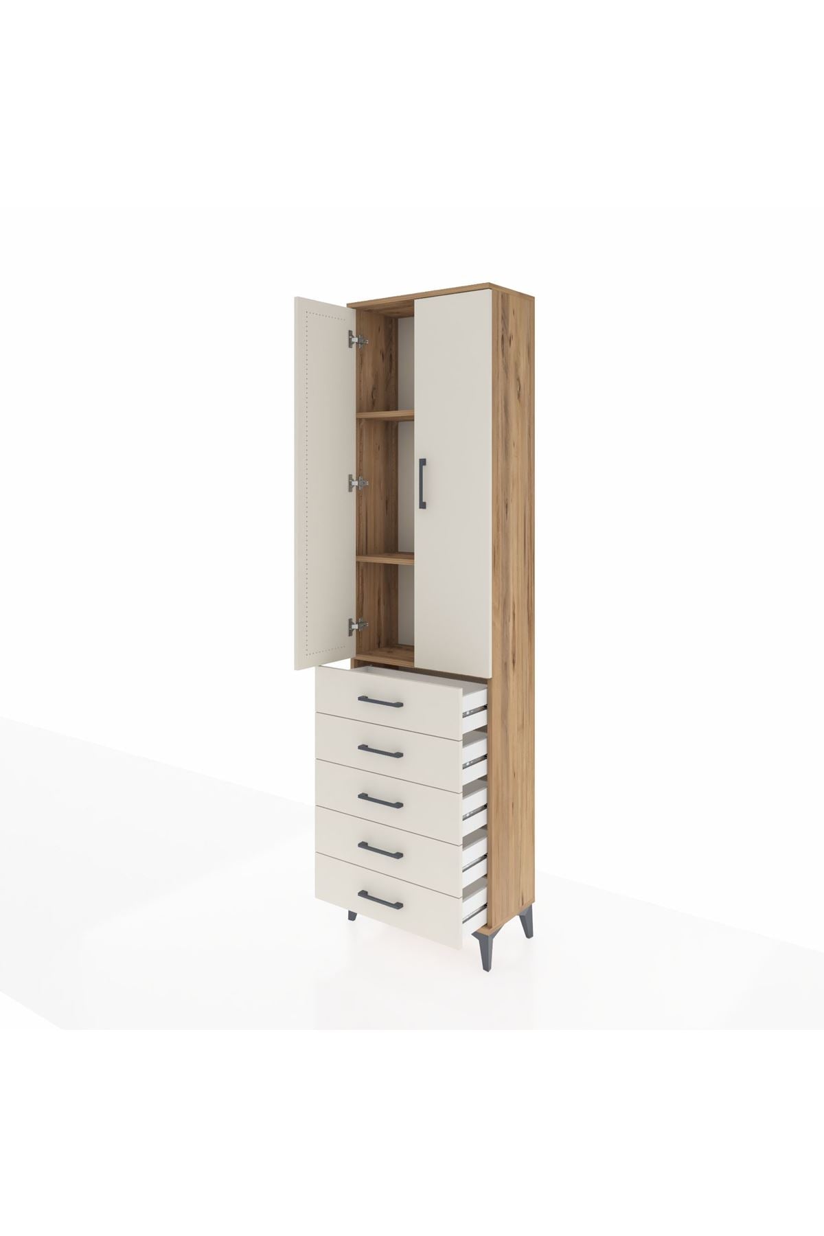 Arges Dolap 3 Raflı 5 Çekmeceli 2 Kapaklı 60x30x221 Çam-Aytaşı