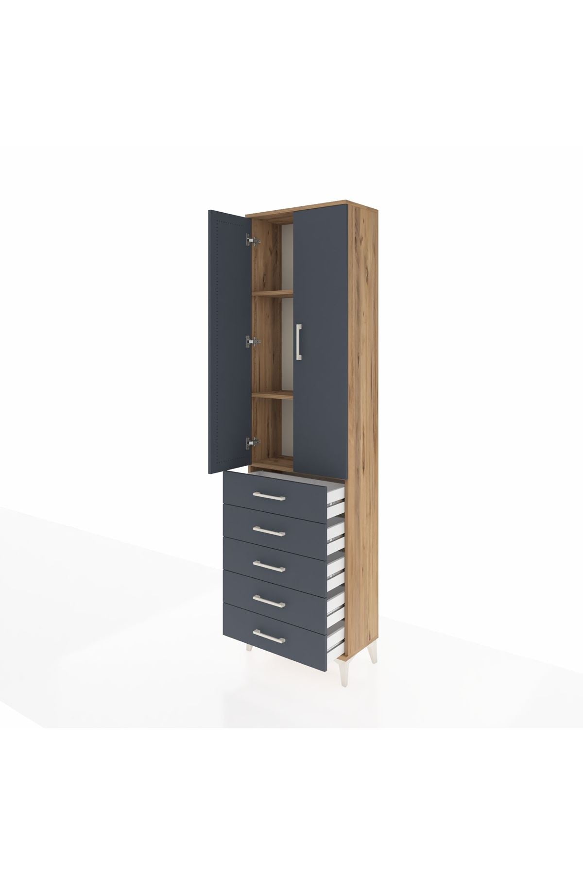 Arges Dolap 3 Raflı 5 Çekmeceli 2 Kapaklı 60x30x221 Çam-Antrasit