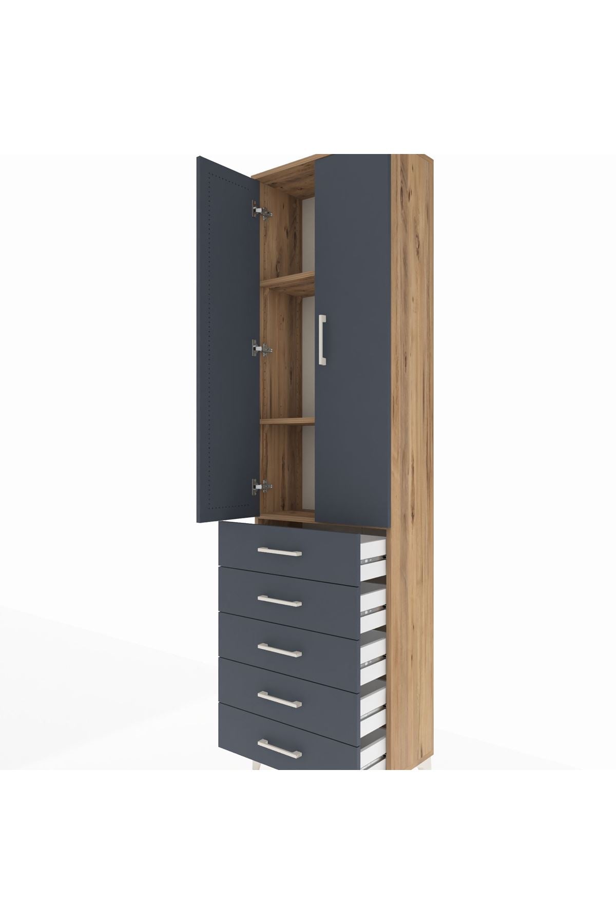 Arges Dolap 3 Raflı 5 Çekmeceli 2 Kapaklı 60x30x221 Çam-Antrasit