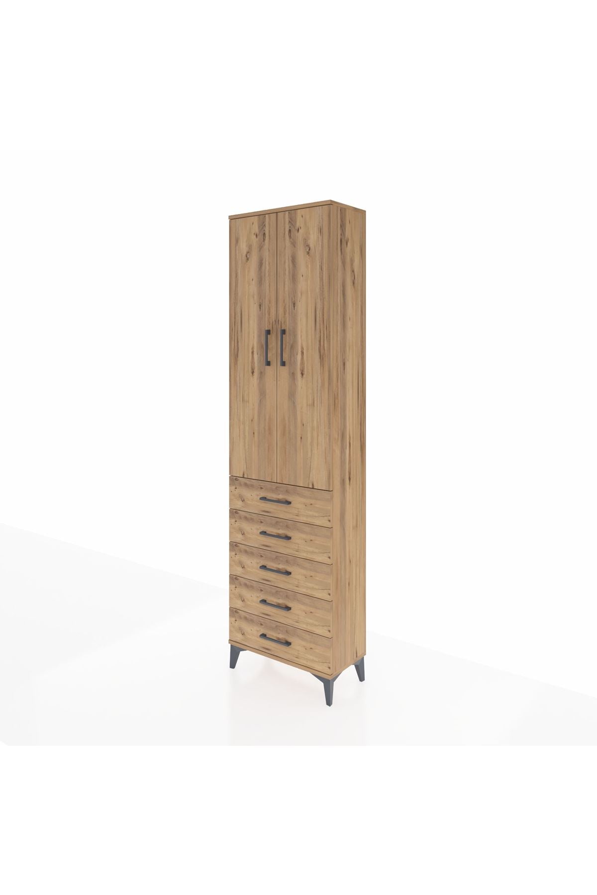 Arges Dolap 3 Raflı 5 Çekmeceli 2 Kapaklı 60x30x221 Çam-Çam