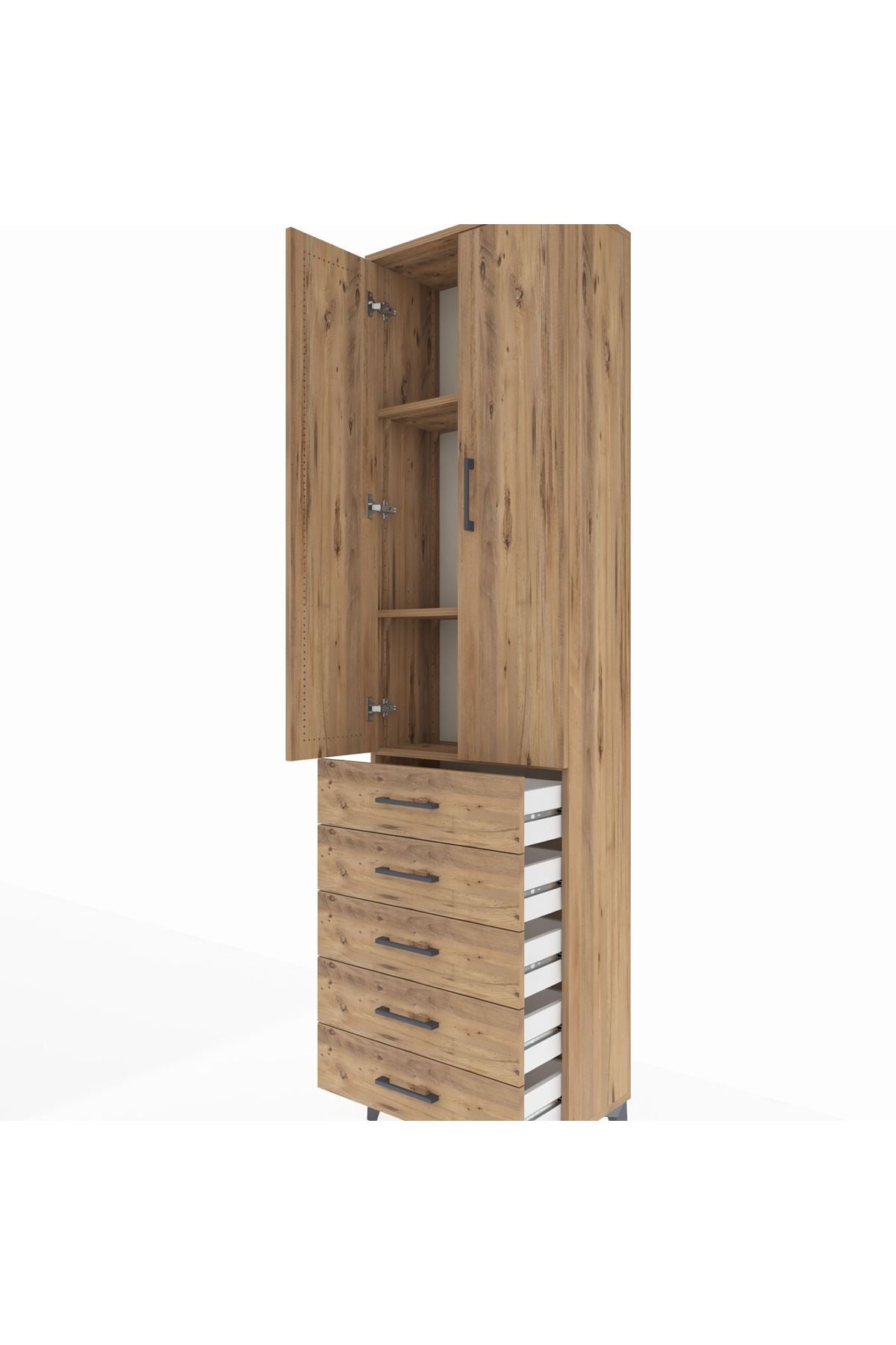 Arges Dolap 3 Raflı 5 Çekmeceli 2 Kapaklı 60x30x221 Çam-Çam