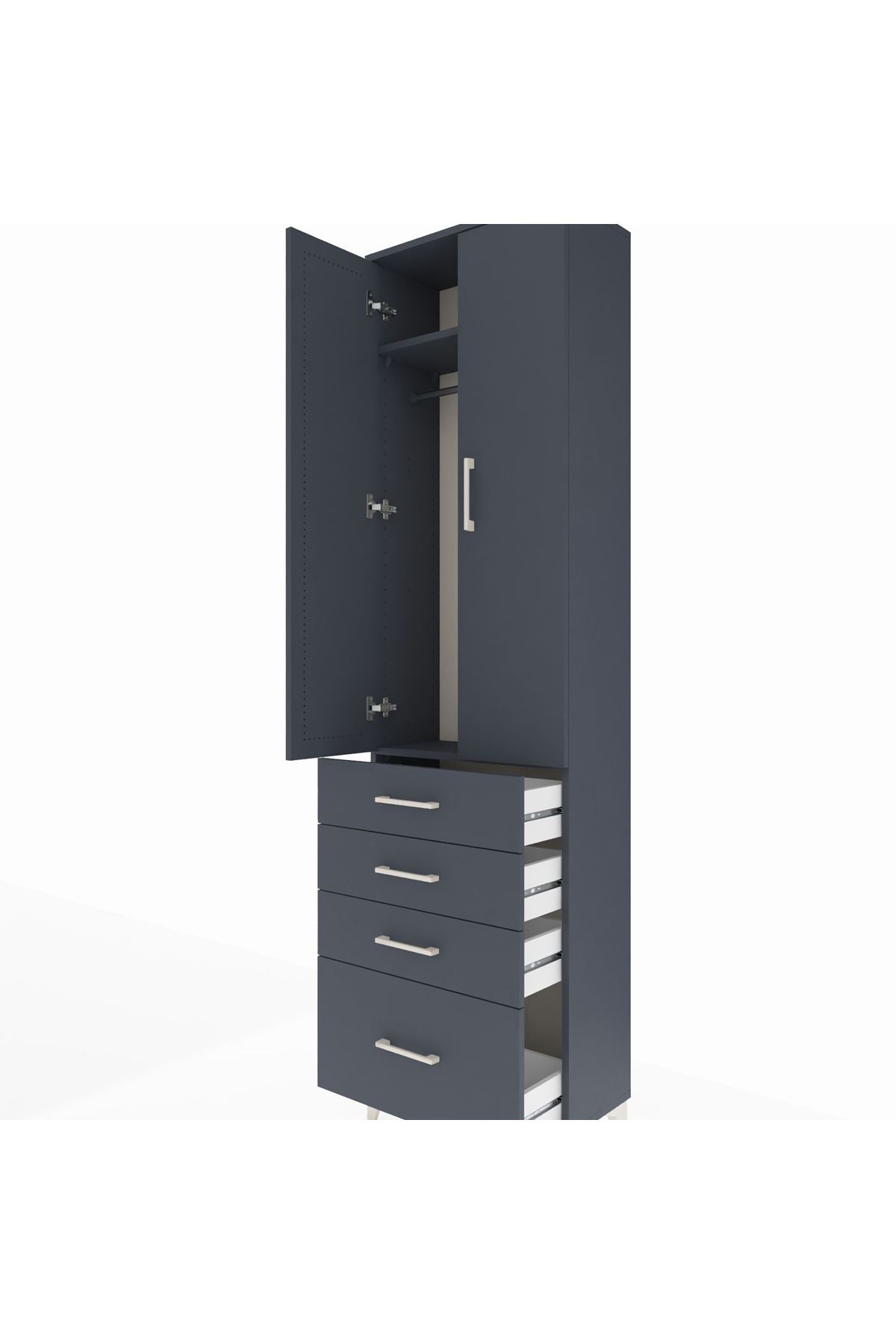 Arges Dolap 2 Raflı 4 Çekmeceli Tek Askılı 60x30x221 Antrasit-Antrasit