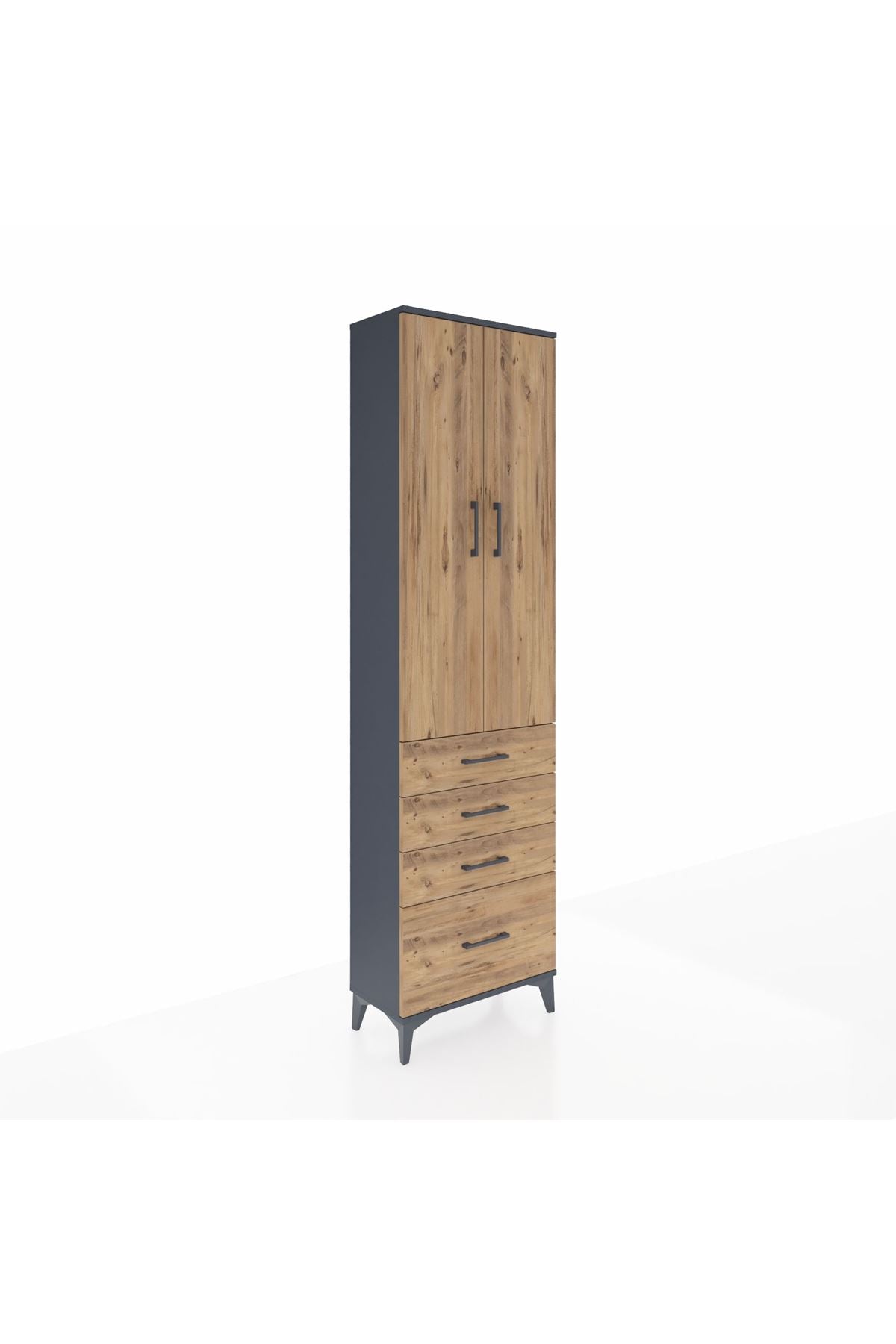 Arges Dolap 2 Raflı 4 Çekmeceli Tek Askılı 60x30x221 Antrasit-Çam