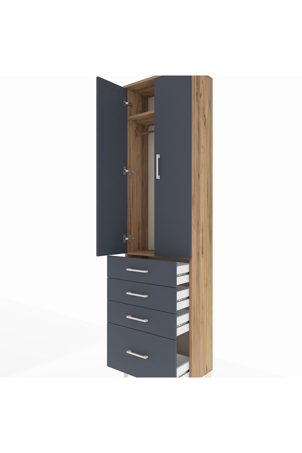 Arges Dolap 2 Raflı 4 Çekmeceli Tek Askılı 60x30x221 Çam-Antrasit