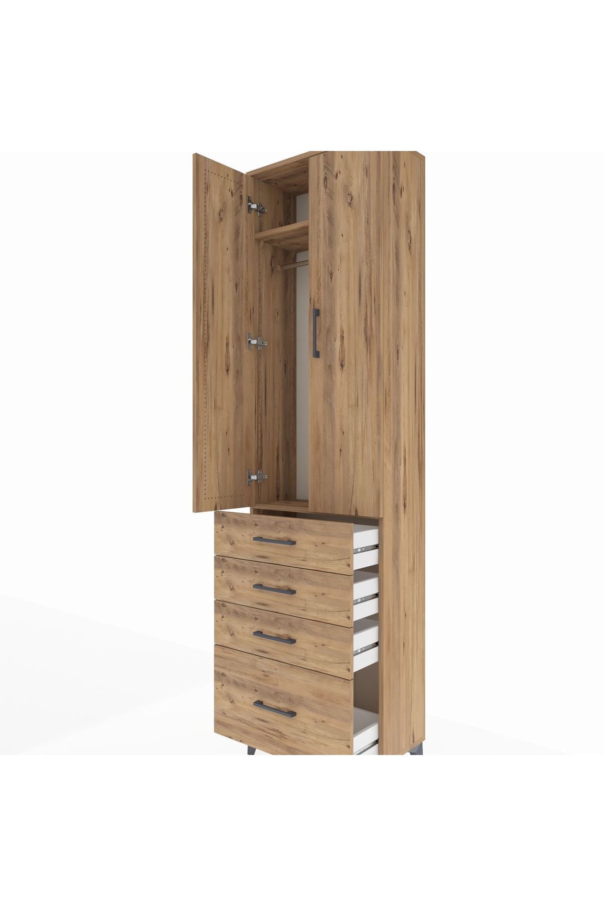 Arges Dolap 2 Raflı 4 Çekmeceli Tek Askılı 60x30x221 Çam-Çam